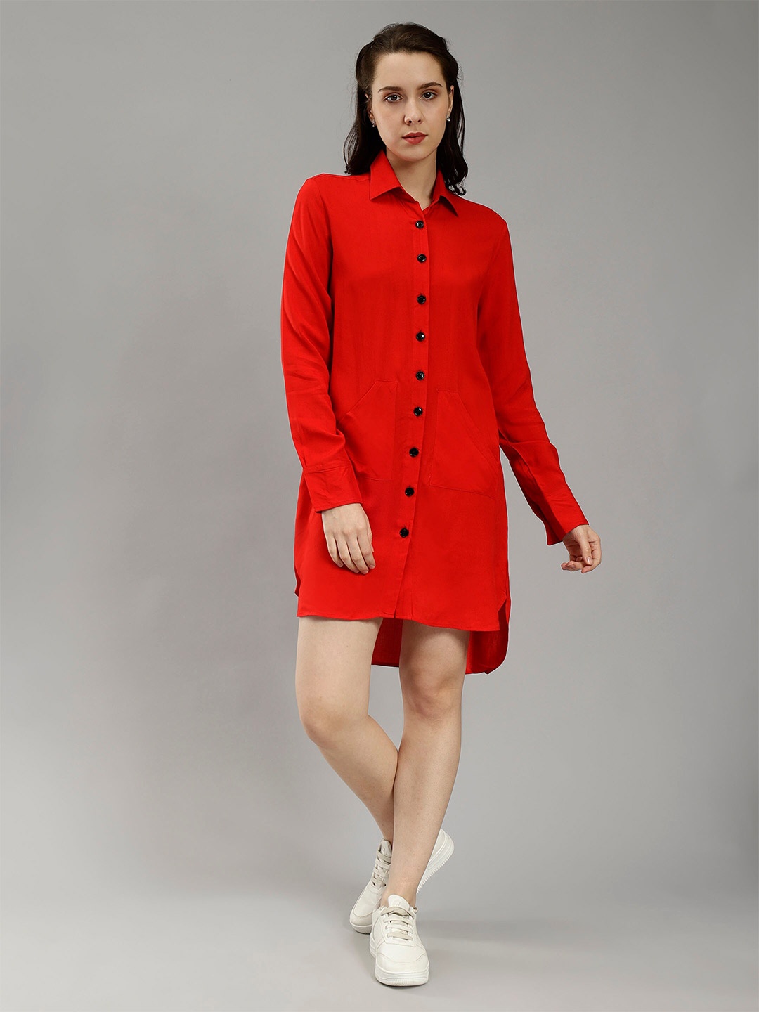 

ENTELLUS Cuffed Sleeves High Low Hem Cotton Shirt Dress, Red