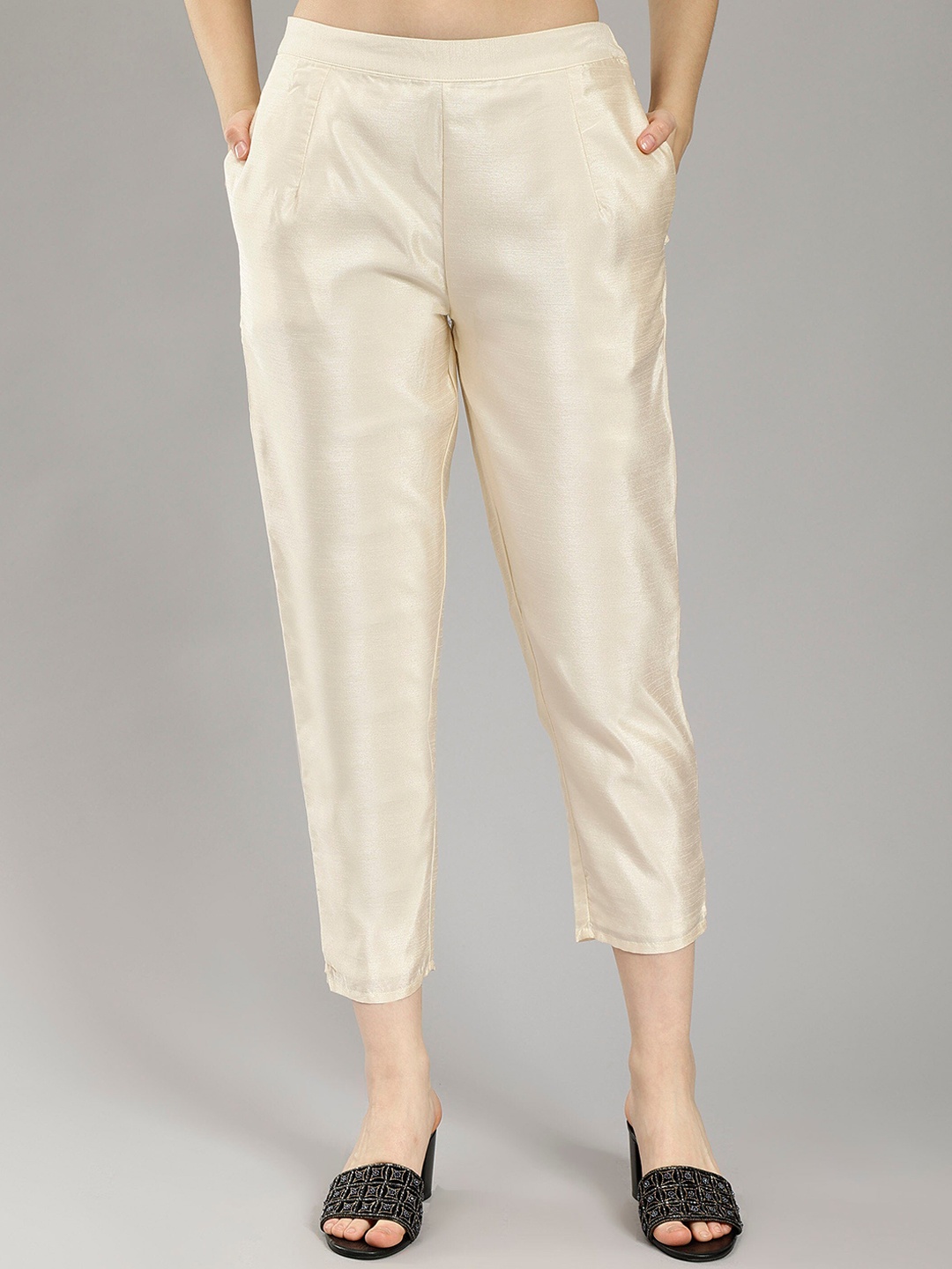 

ENTELLUS Women Smart Tapered Fit High-Rise Trousers, Cream