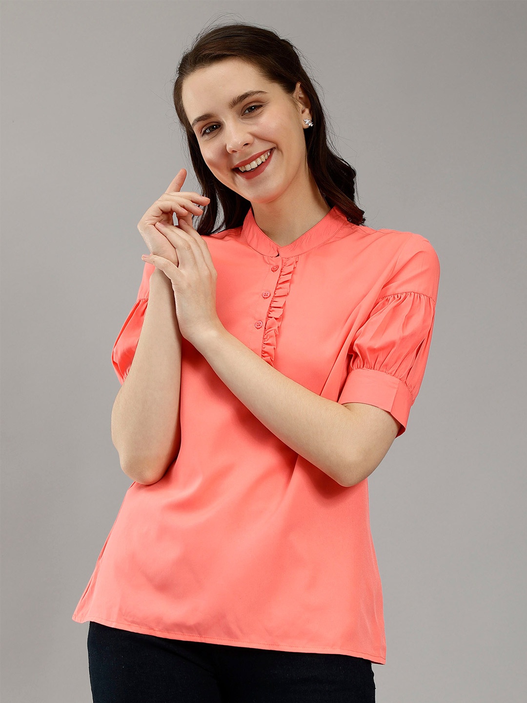 

ENTELLUS Mandarin Collar Puff Sleeves Ruffles Detailed Top, Coral