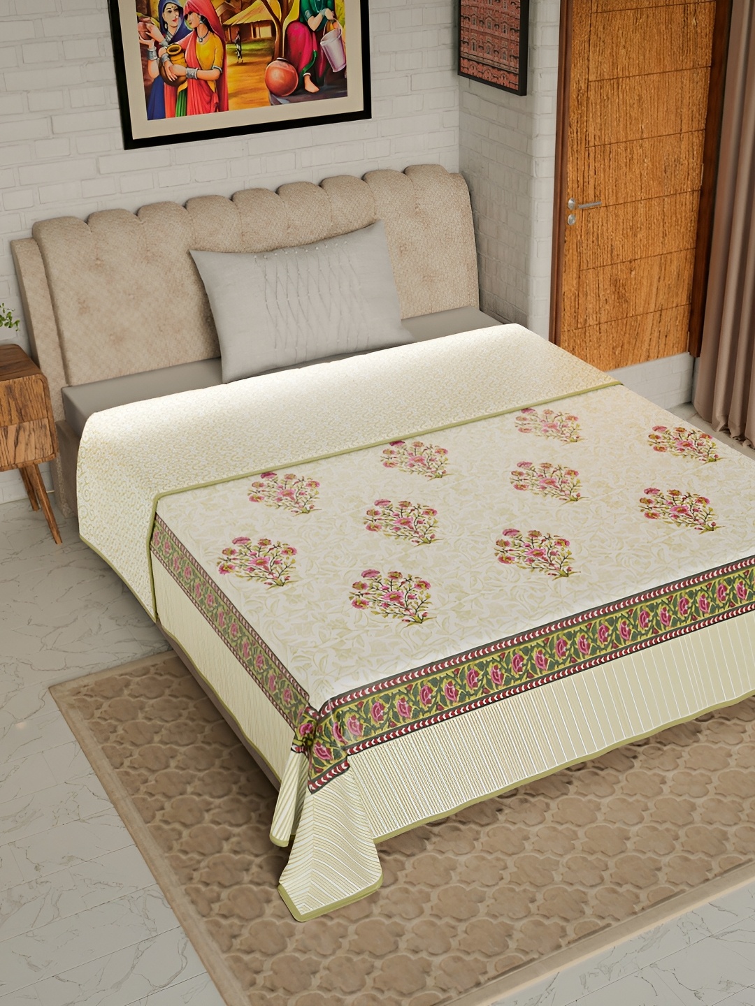 

Jaipur Dohar Off White & Pink Floral Cotton AC Room 150 GSM Single Bed Dohar