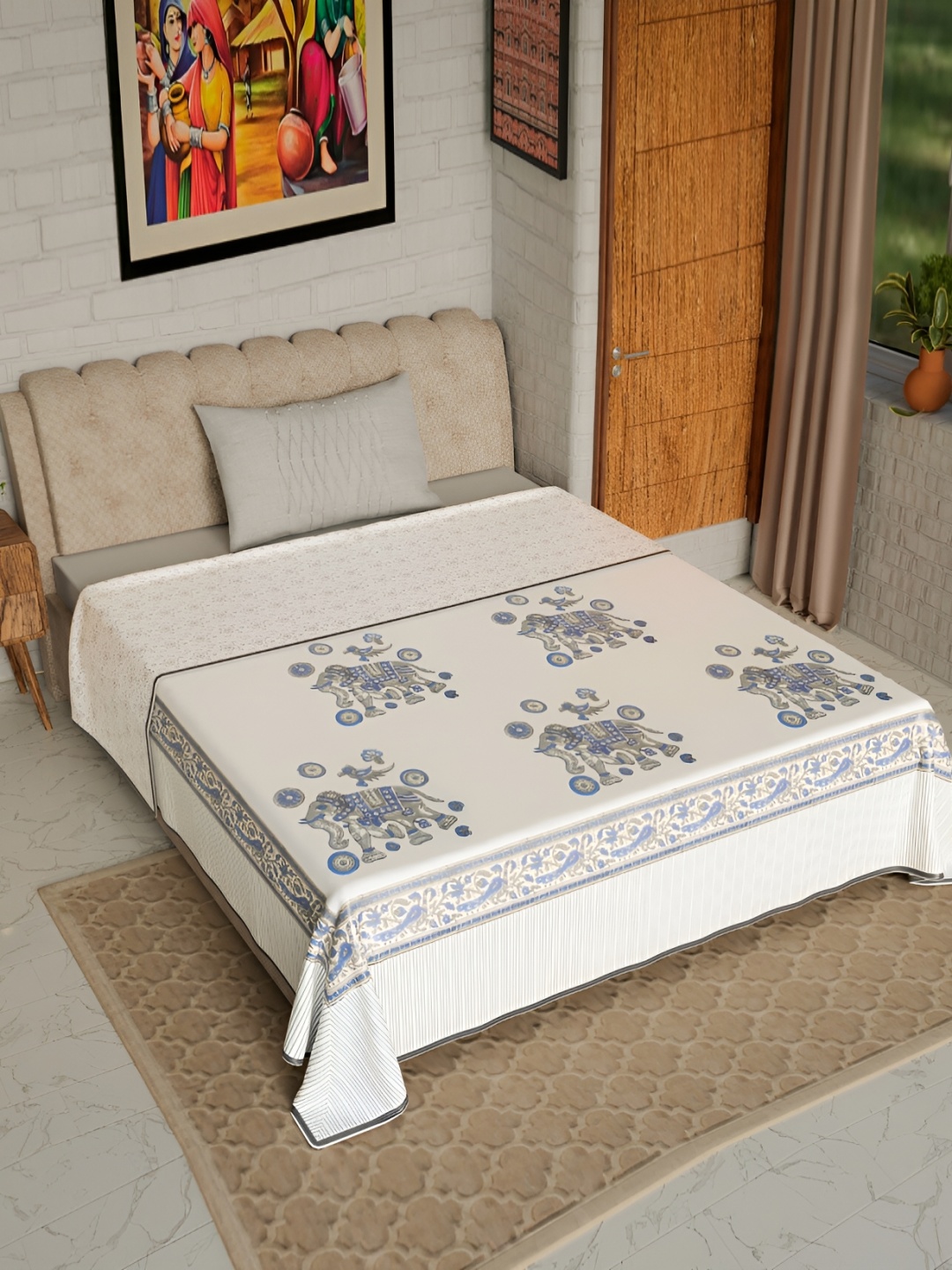 

Jaipur Dohar White & Blue Conversational Cotton AC Room 150 GSM Single Bed Dohar