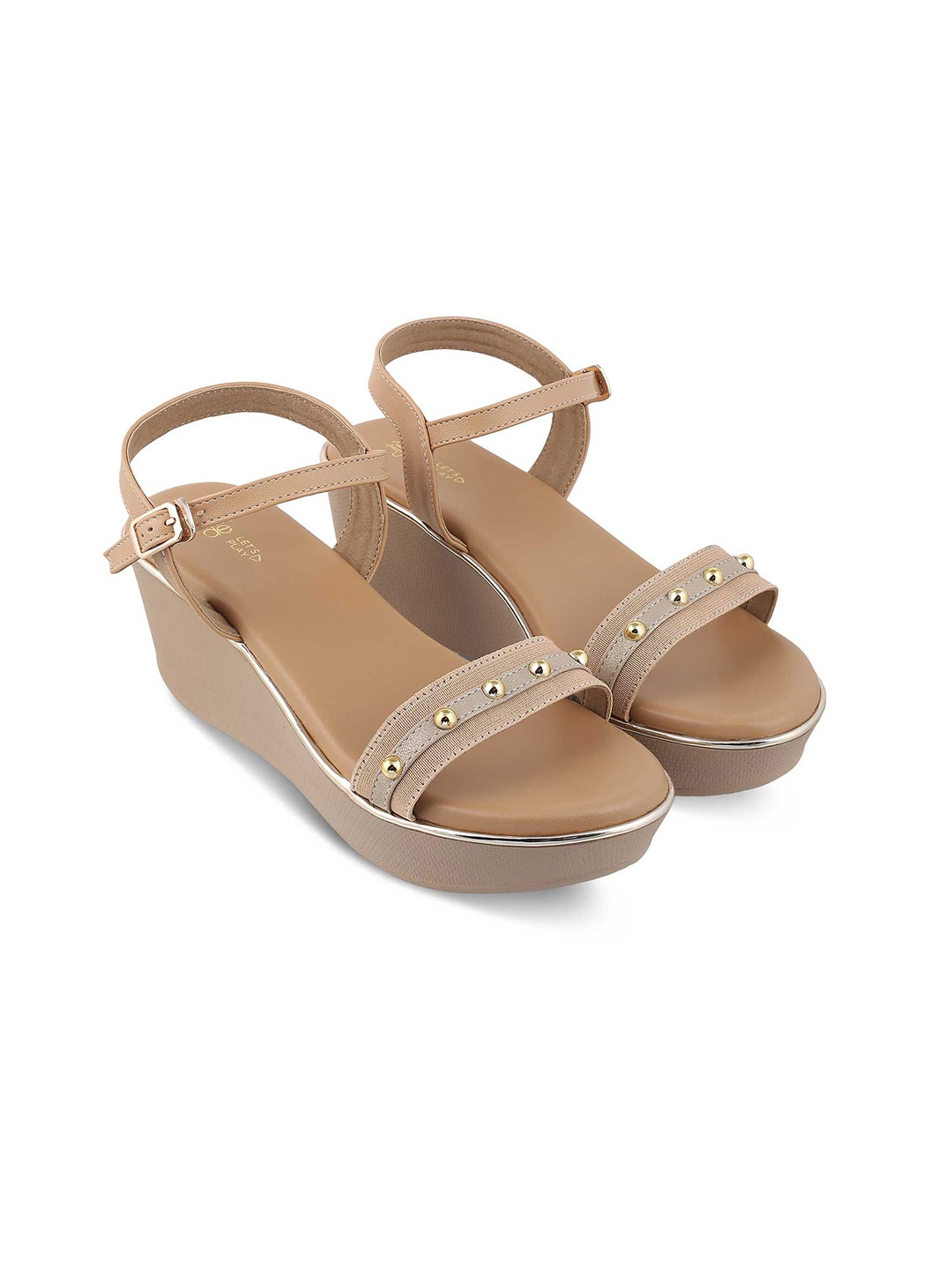 

Tresmode CONQ Embellished Open Toe Wedges With Buckle Closure, Beige