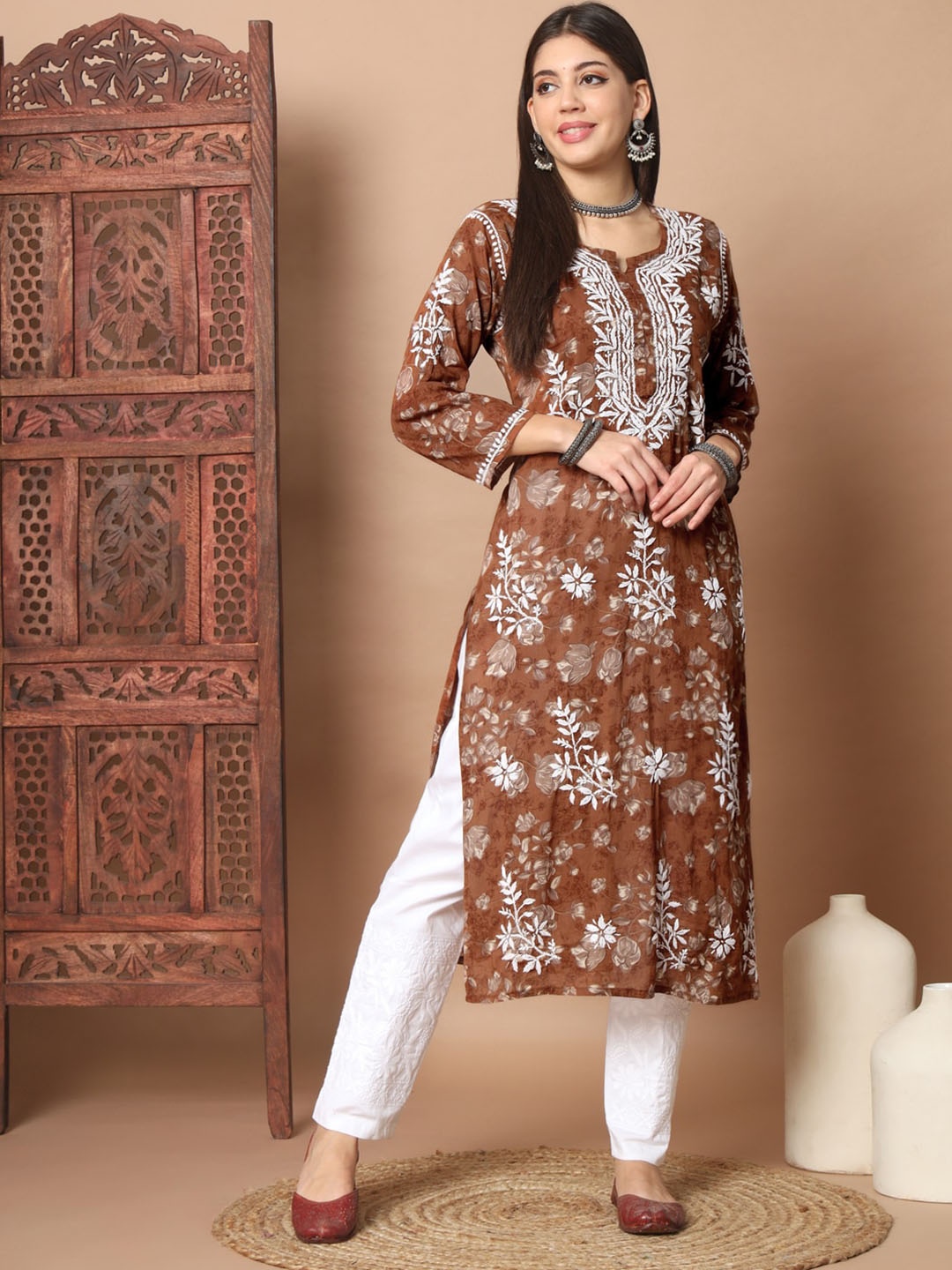 

Ethnava Floral Printed Lucknowi Chikankari Embroidered Kurta With Trousers, Rust