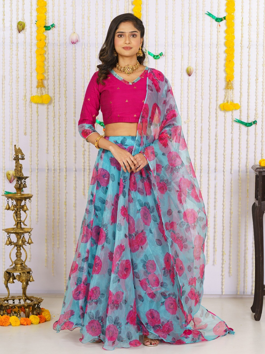 

Vinya Floral Printed V-Neck Ready to Wear Lehenga & Blouse With Dupatta, Pink