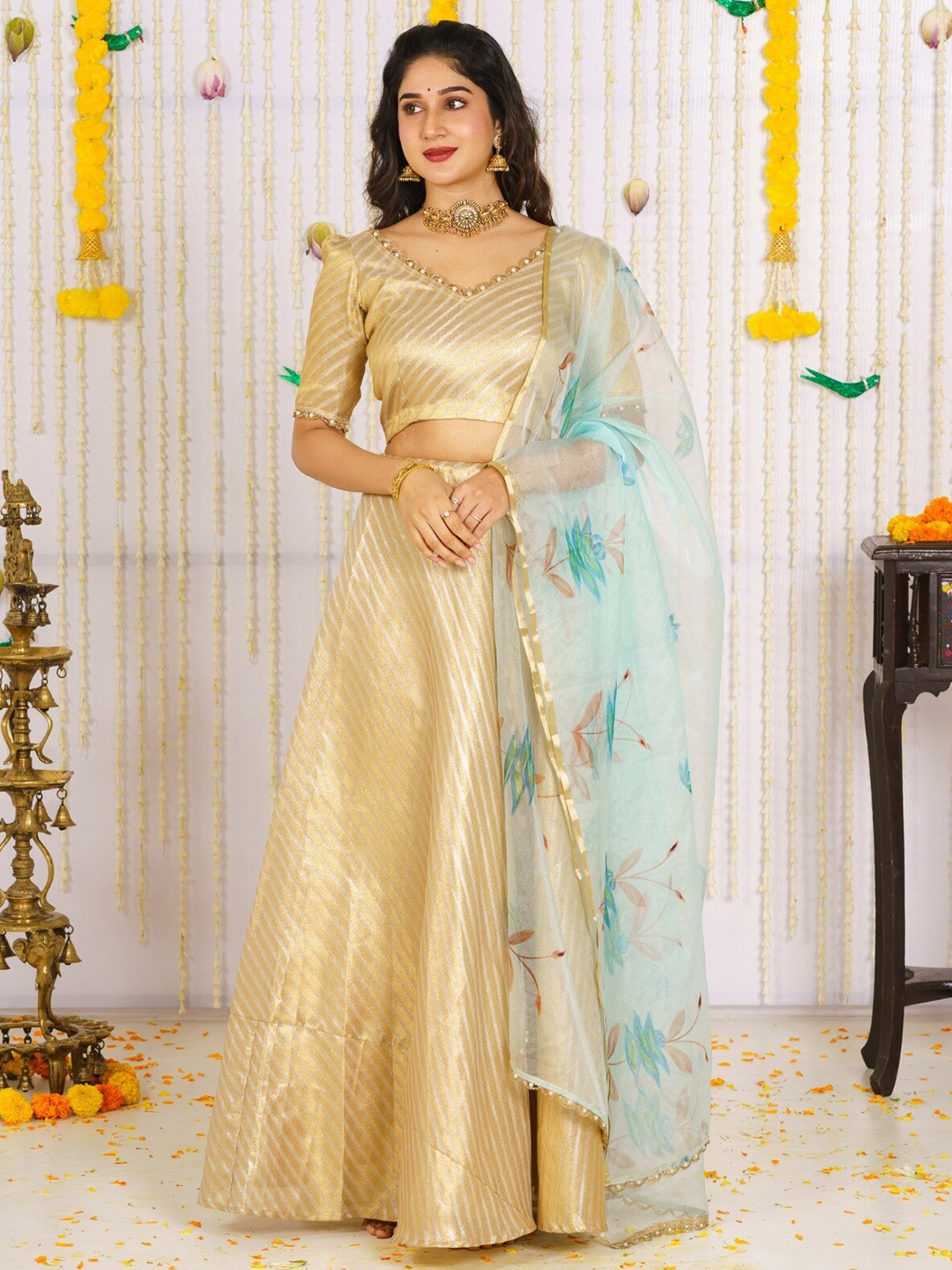 

Vinya Printed V-Neck Ready to Wear Lehenga & Blouse With Dupatta, Gold