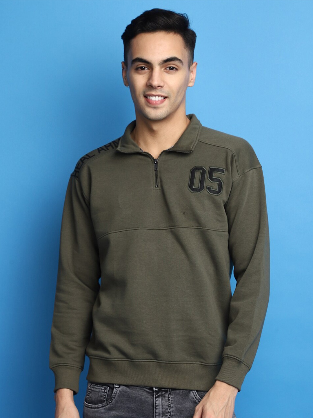 

V-Mart Shirt Collar Cotton Pullover, Olive