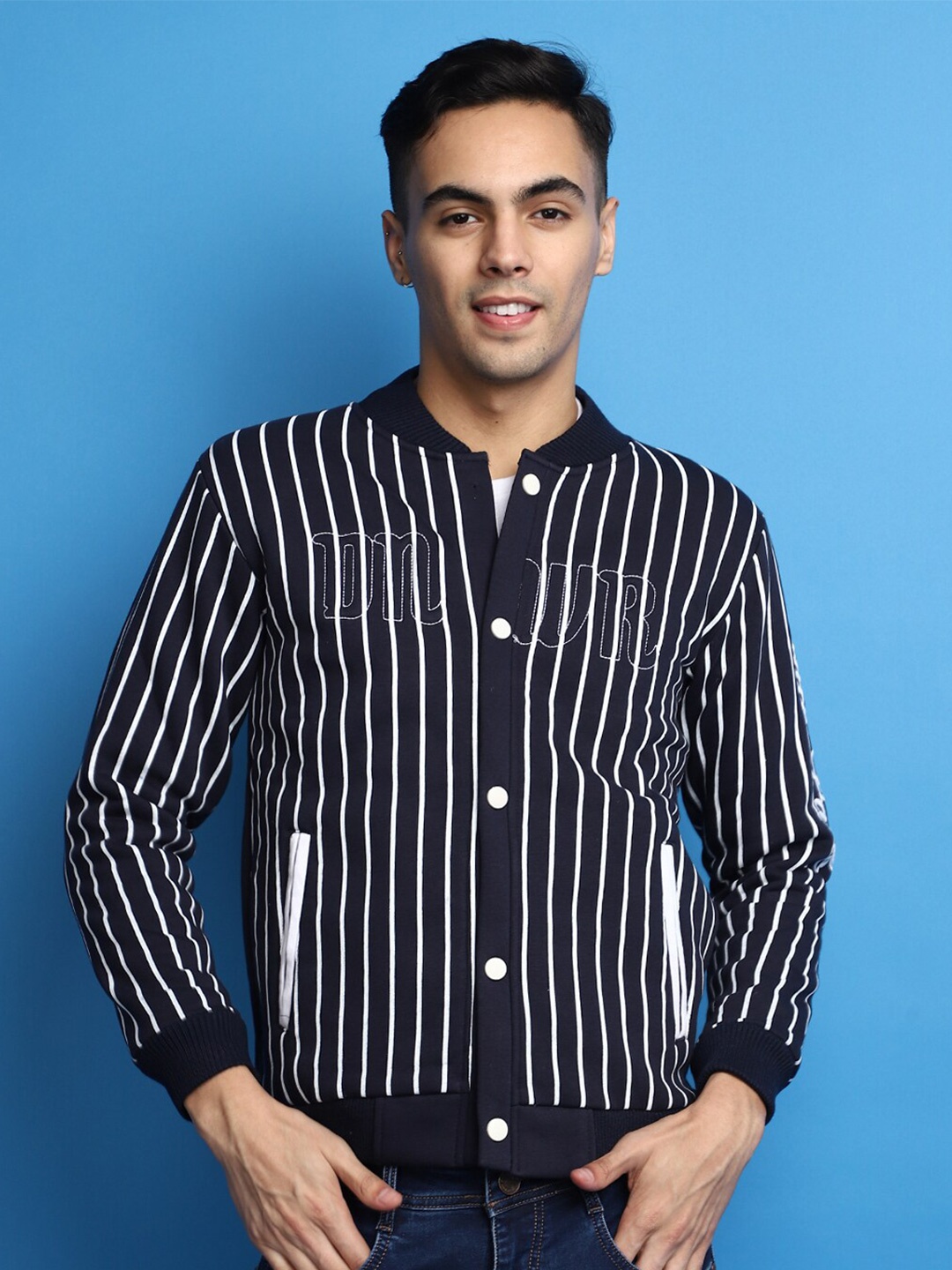 

V-Mart Striped Cotton Front-Open Sweatshirt, Blue