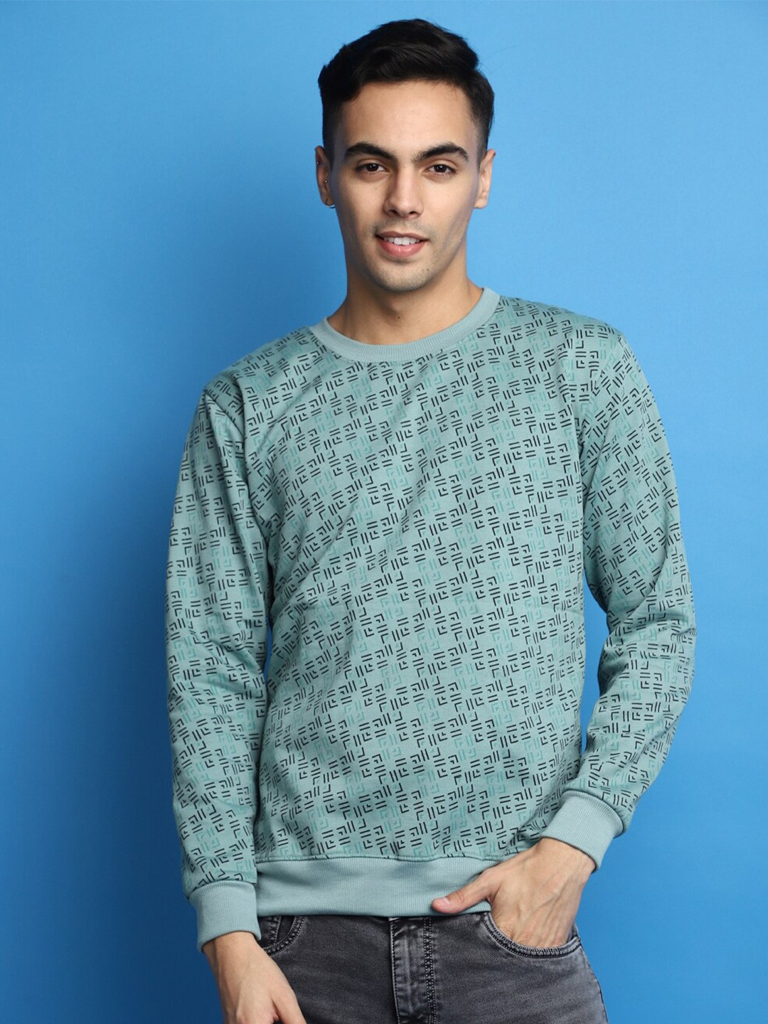 

V-Mart Geometric Printed Cotton Pullover, Green