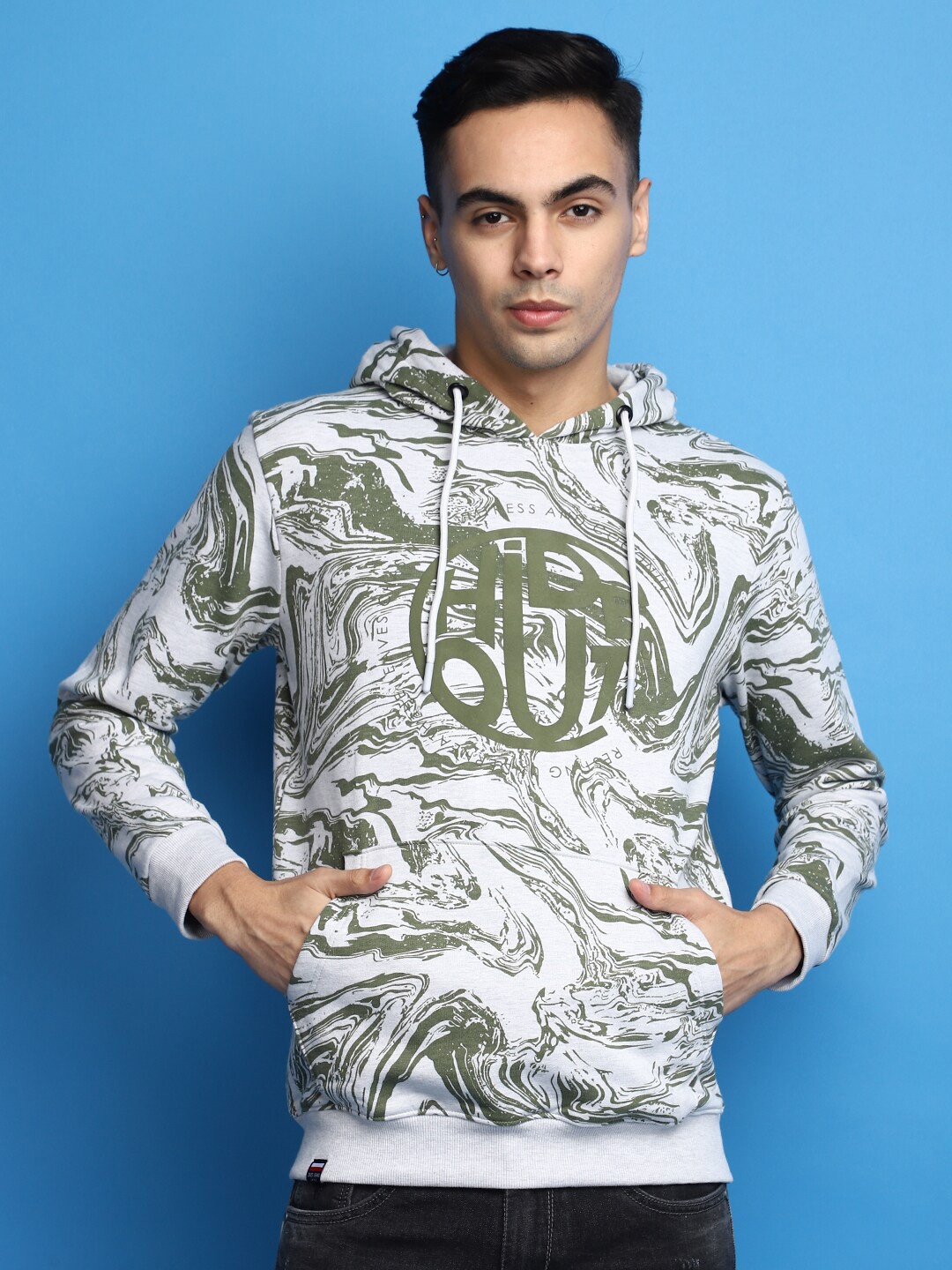 

V-Mart Abstract Printed Hooded Long Sleeves Cotton Sweatshirt, Green