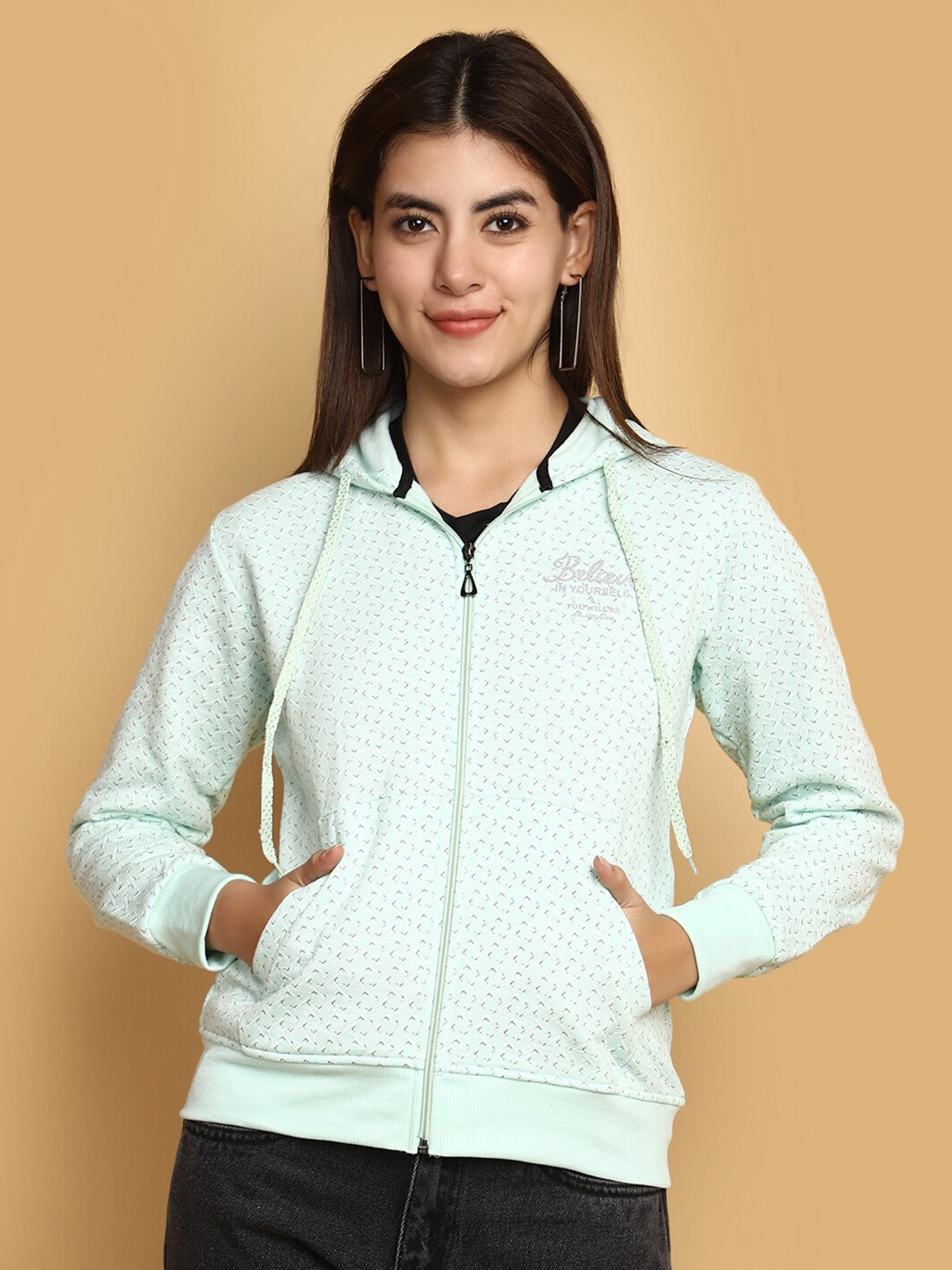 

V-Mart Geometric Printed Long Sleeves Hooded Cotton Sweatshirt, Green