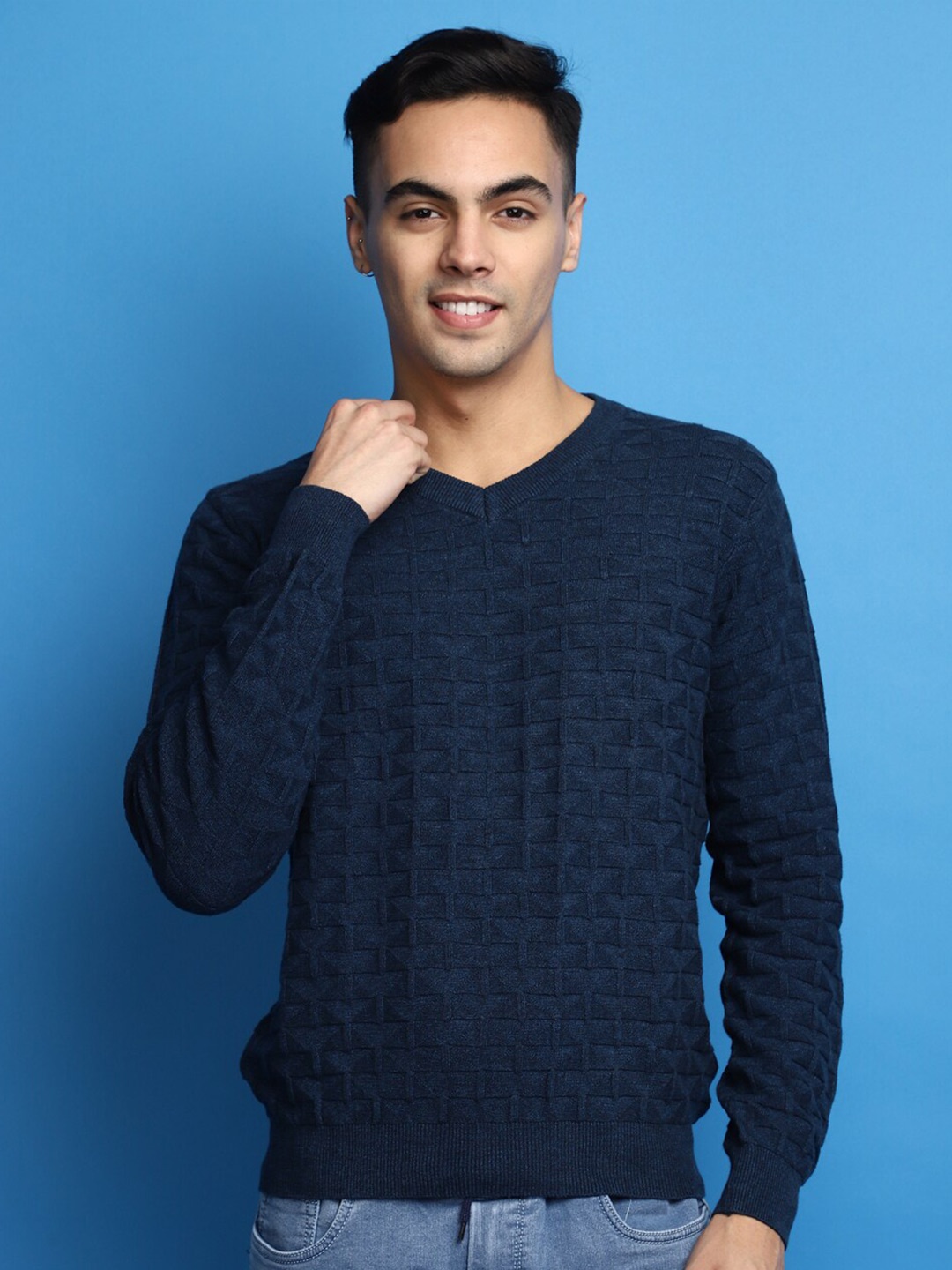 

V-Mart Cable Knit Self Design V-Neck Cotton Pullover, Navy blue