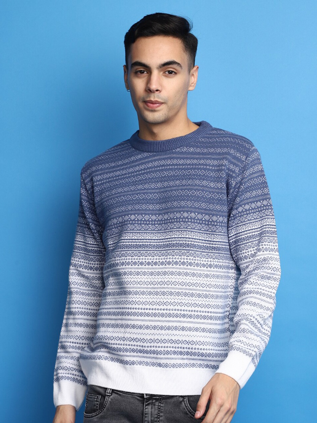 

V-Mart Geometric Self Design Cotton Pullover Sweater, Blue