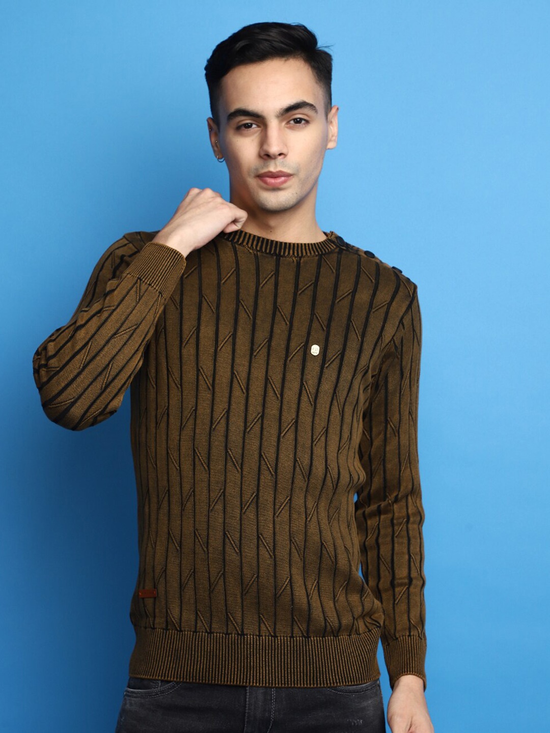 

V-Mart Striped Round Neck Long Sleeves Cotton Pullover Sweater, Brown