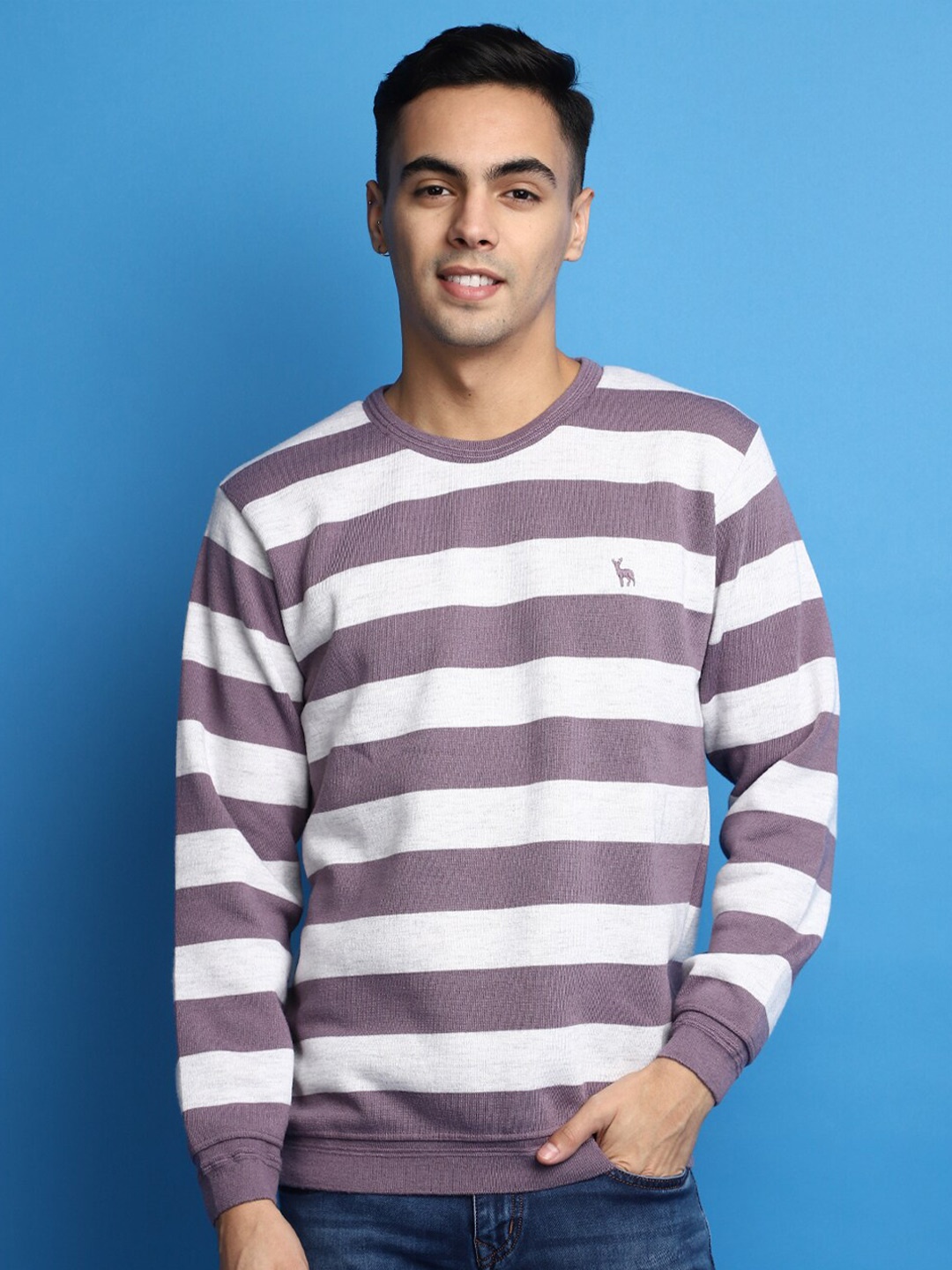

V-Mart Striped Round Neck Cotton Sweatshirt, Mauve