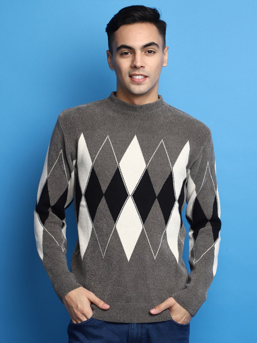 

V-Mart Argyle Printed Cotton Pullover, Charcoal