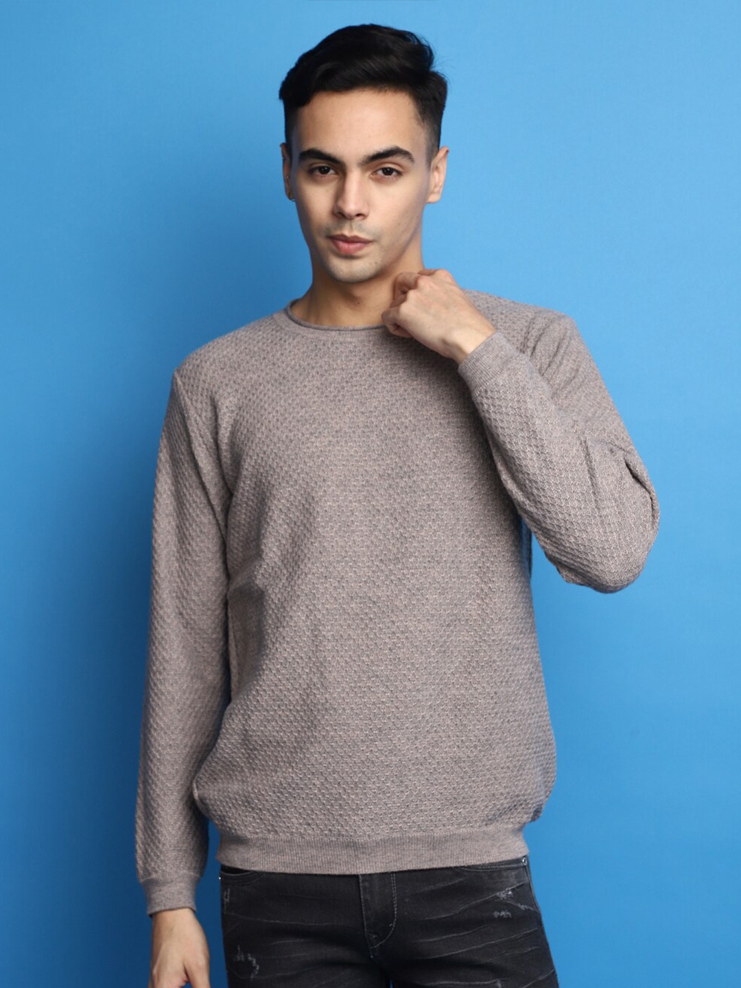 

V-Mart Geometric Self Design Cotton Pullover, Beige