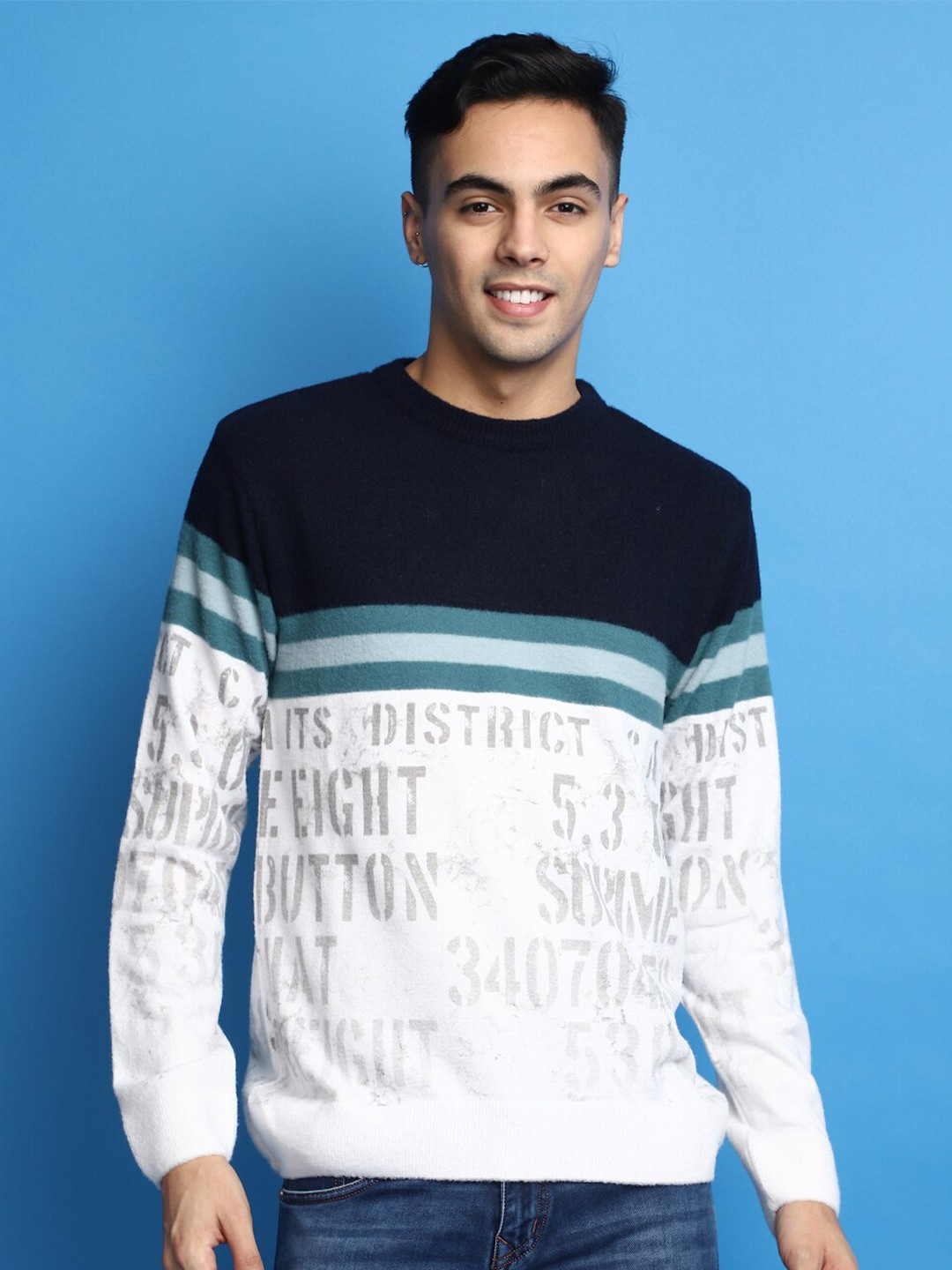 

V-Mart Typography Printed Round Neck Long Sleeves Cotton Pullover Sweater, Blue