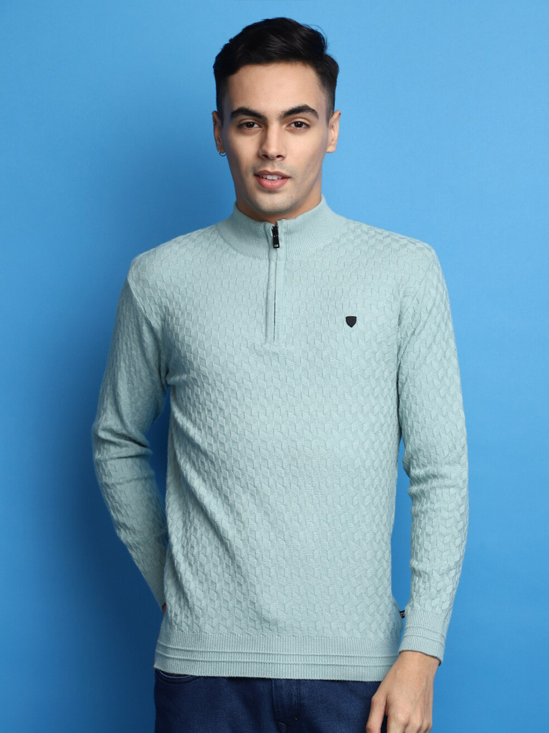 

V-Mart Geometric Self Design Mock Collar Half Zipper Cotton Pullover Sweater, Green