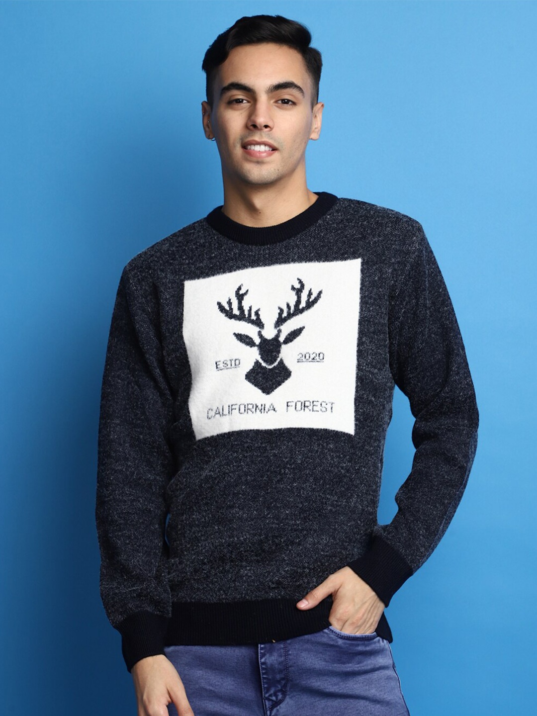 

V-Mart Self Design Round Neck Acrylic Sweater, Blue