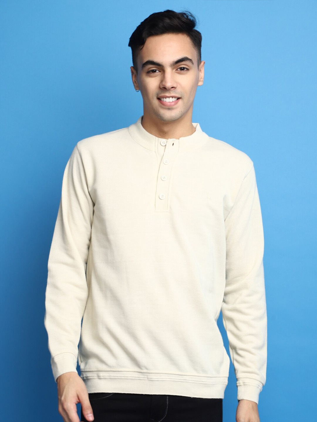 

V-Mart Henley Neck Cotton Pullover Sweater, Off white