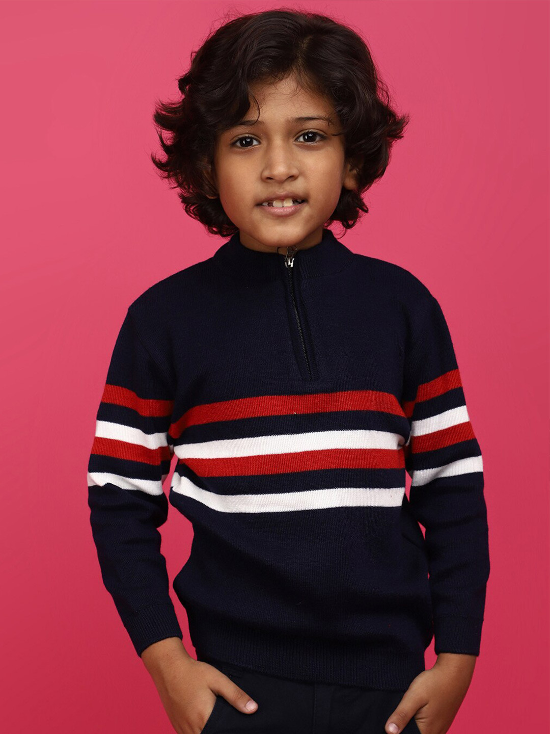 

V-Mart Boys Striped Henley Neck Acrylic Pullover, Navy blue