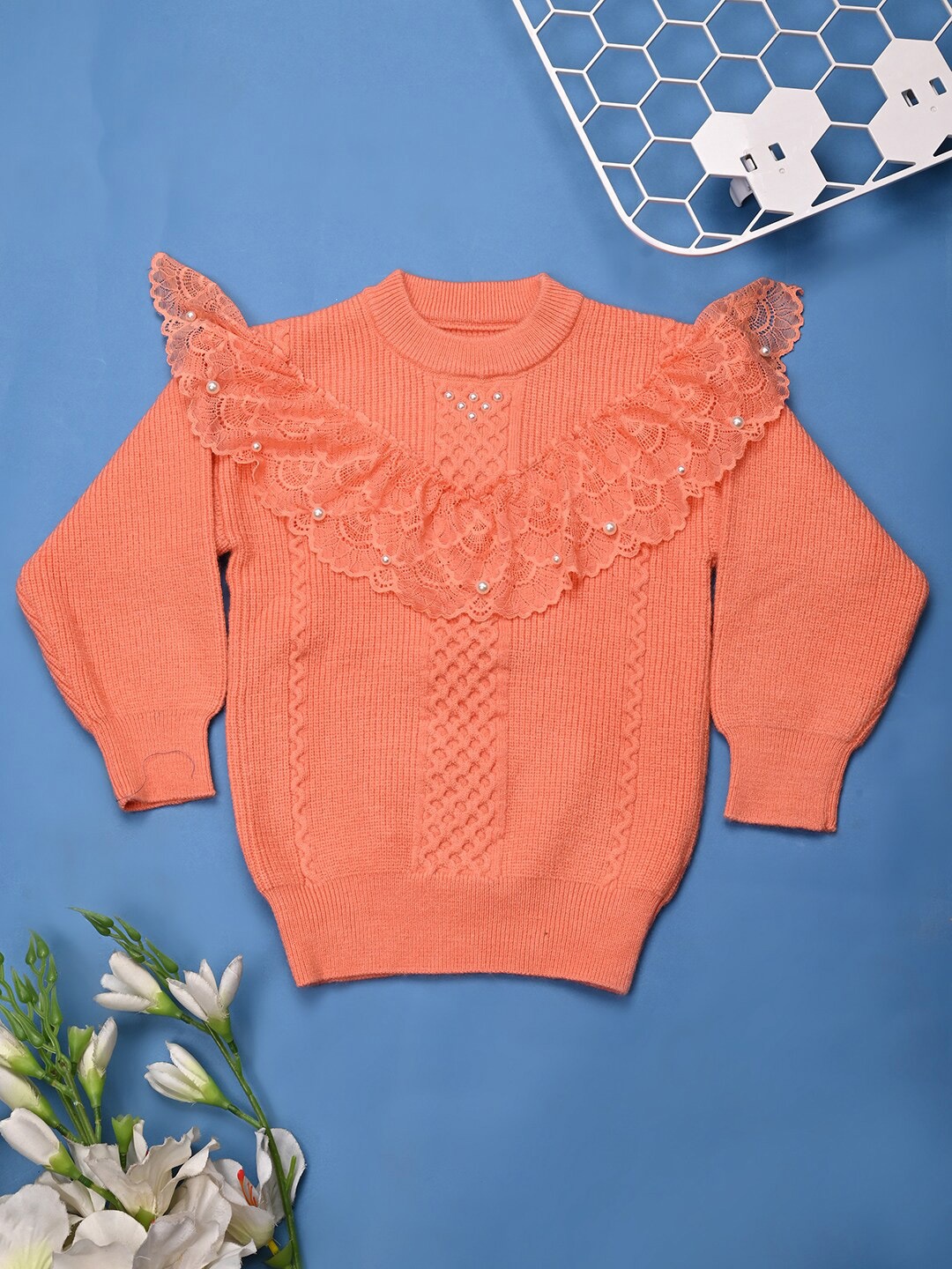 

V-Mart Girls Cable Knit Self Design Cotton Pullover Sweater, Orange