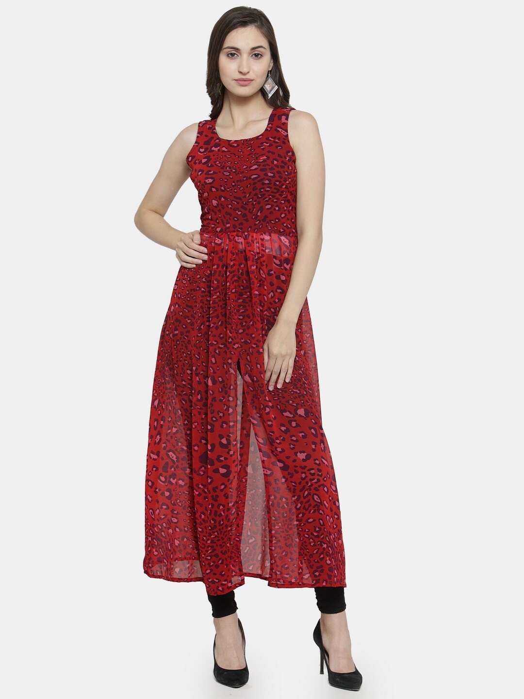 

Enchanted Drapes Animal Printed Georgette Empire Kurta, Red