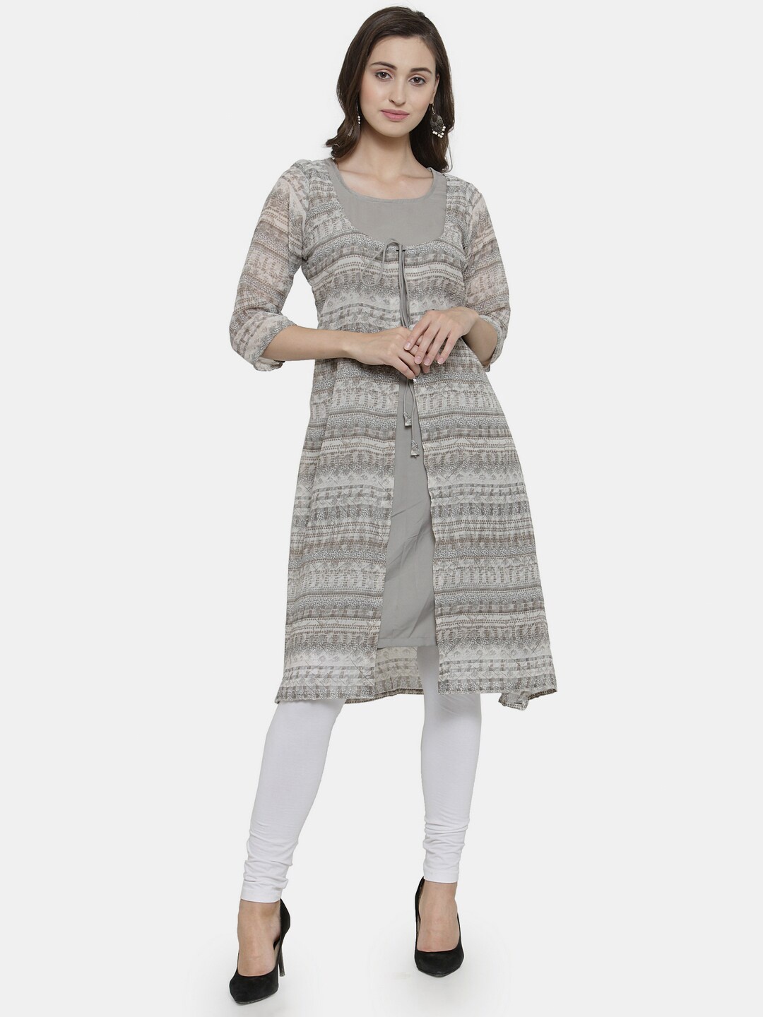 

Enchanted Drapes Abstract Printed Round Neck Pure Georgette Kurta, Grey
