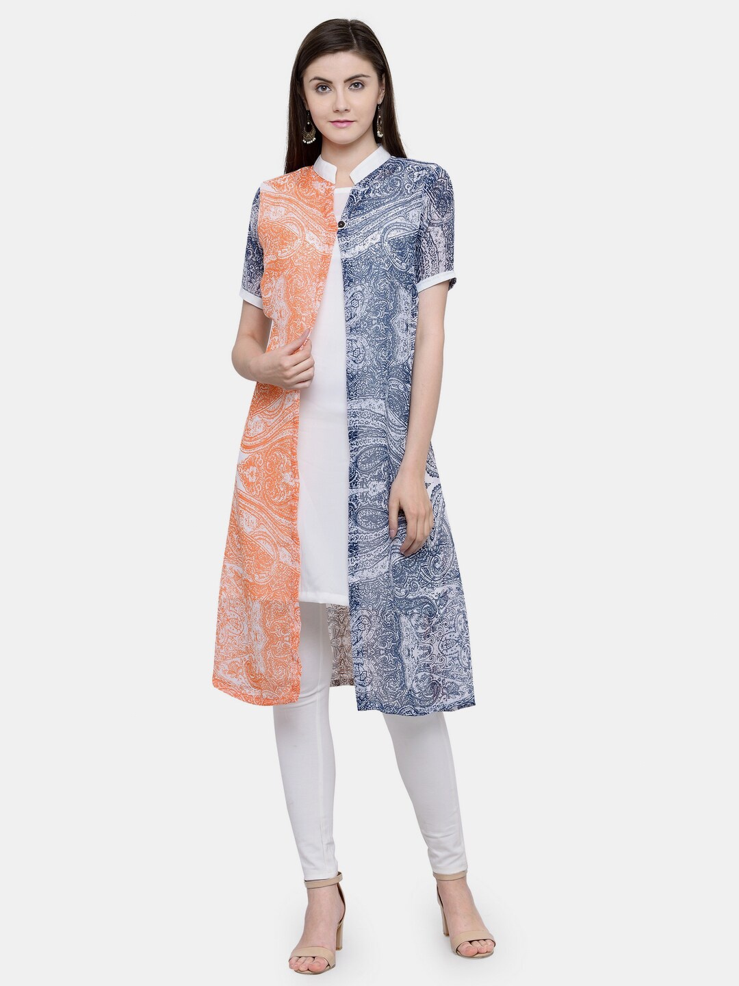 

Enchanted Drapes Ethnic Motifs Printed Mandarin Collar Layered Georgette Kurta, Orange