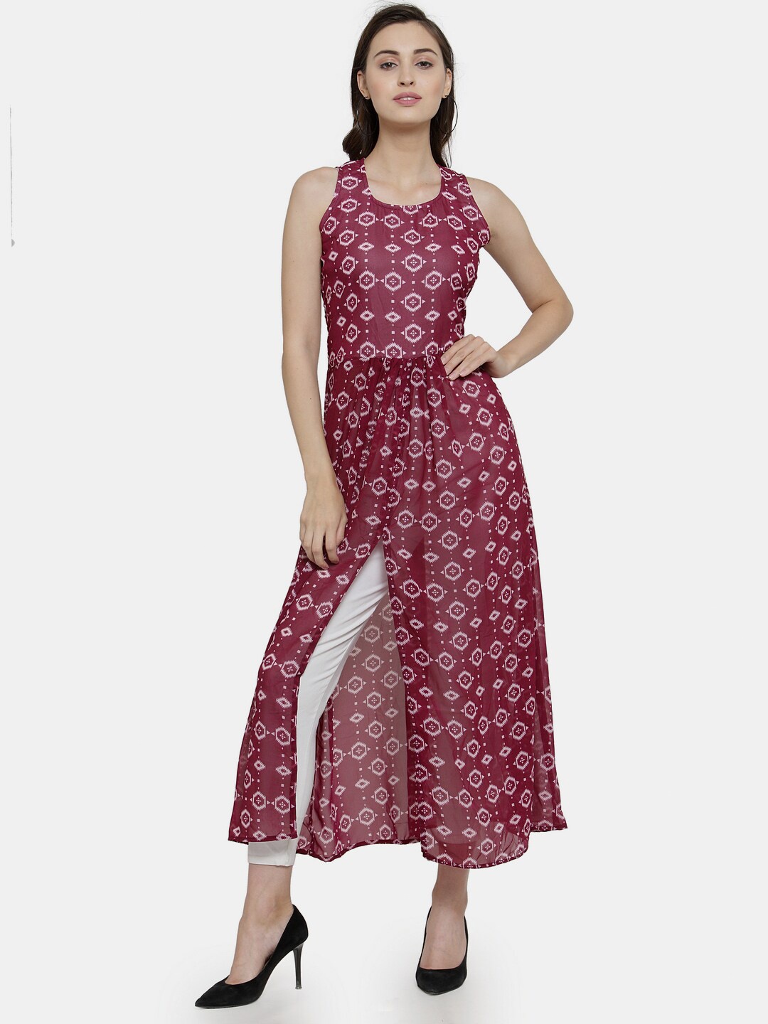 

Enchanted Drapes Ethnic Motifs Printed Georgette A-Line Kurta, Maroon