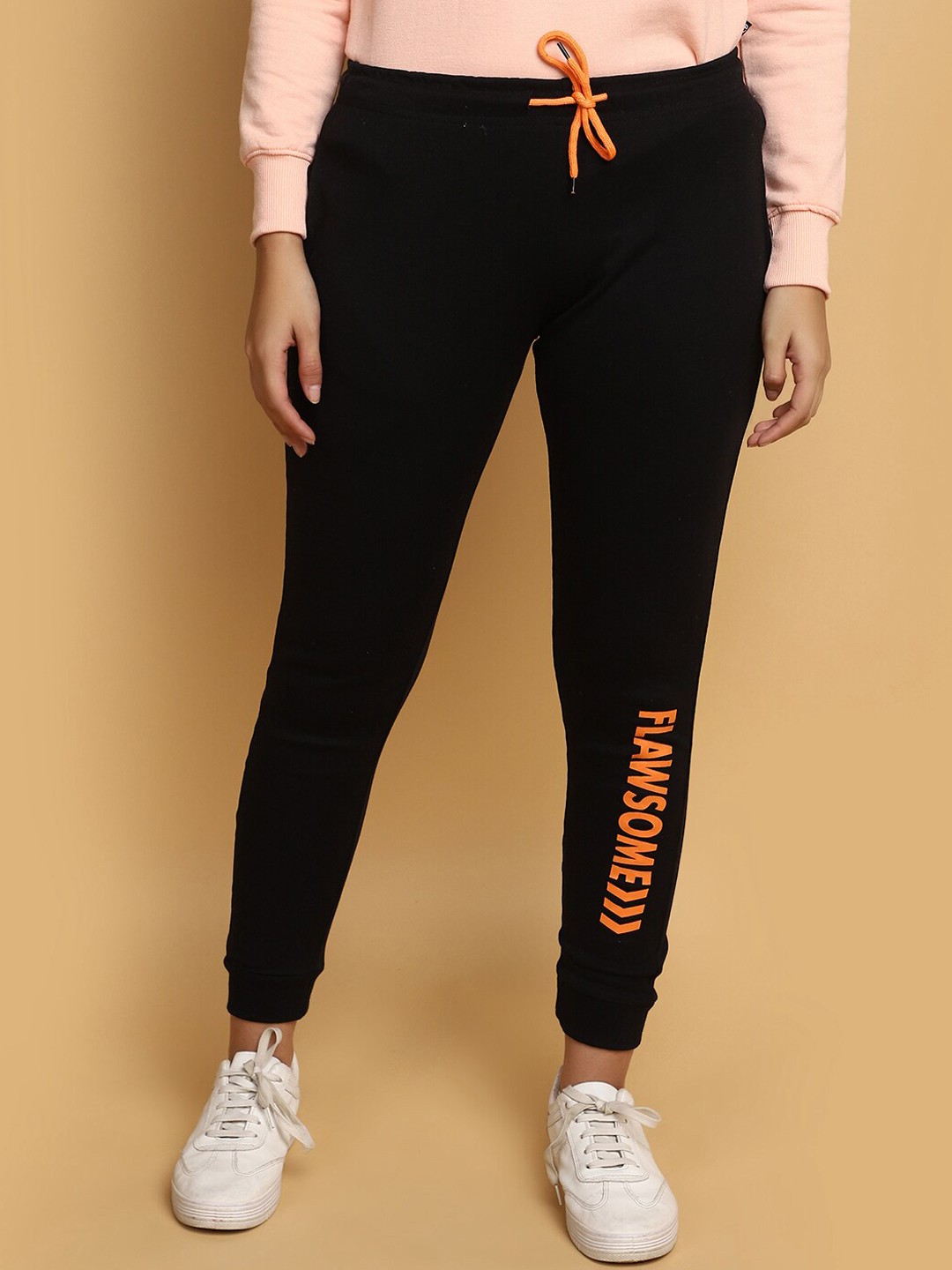

V-Mart Women Typography Printed Mid-Rise Cotton Joggers, Black