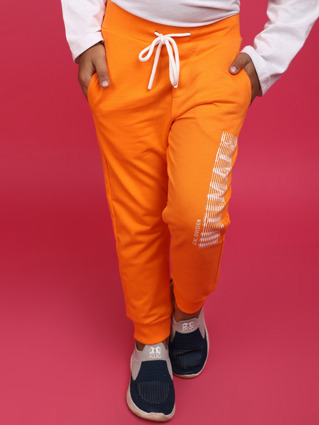 

V-Mart Boys Typography Printed Cotton Mid-Rise Joggers, Orange