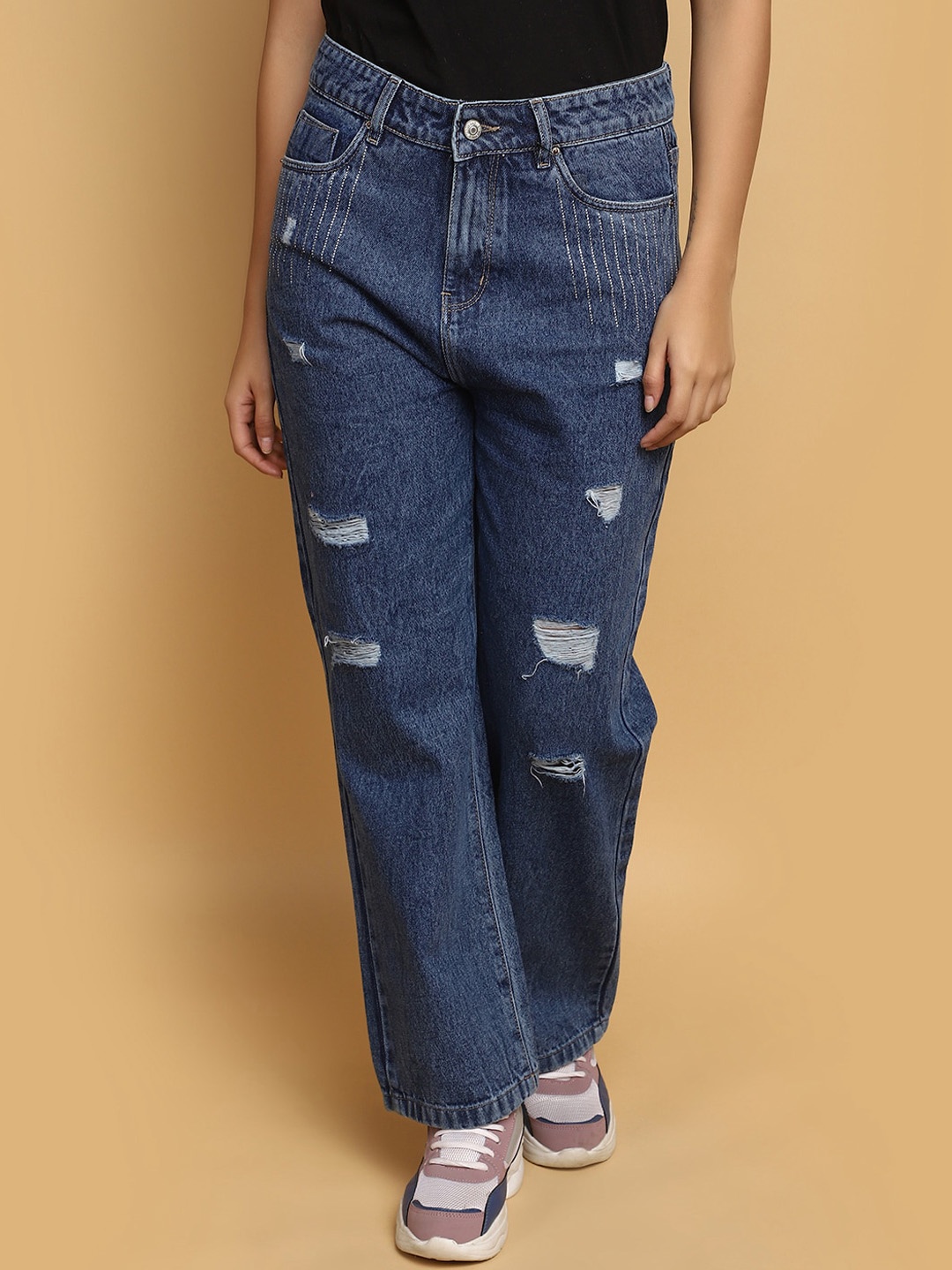 

V-Mart Women Mildly Distressed Knitted High-Rise Jeans, Blue