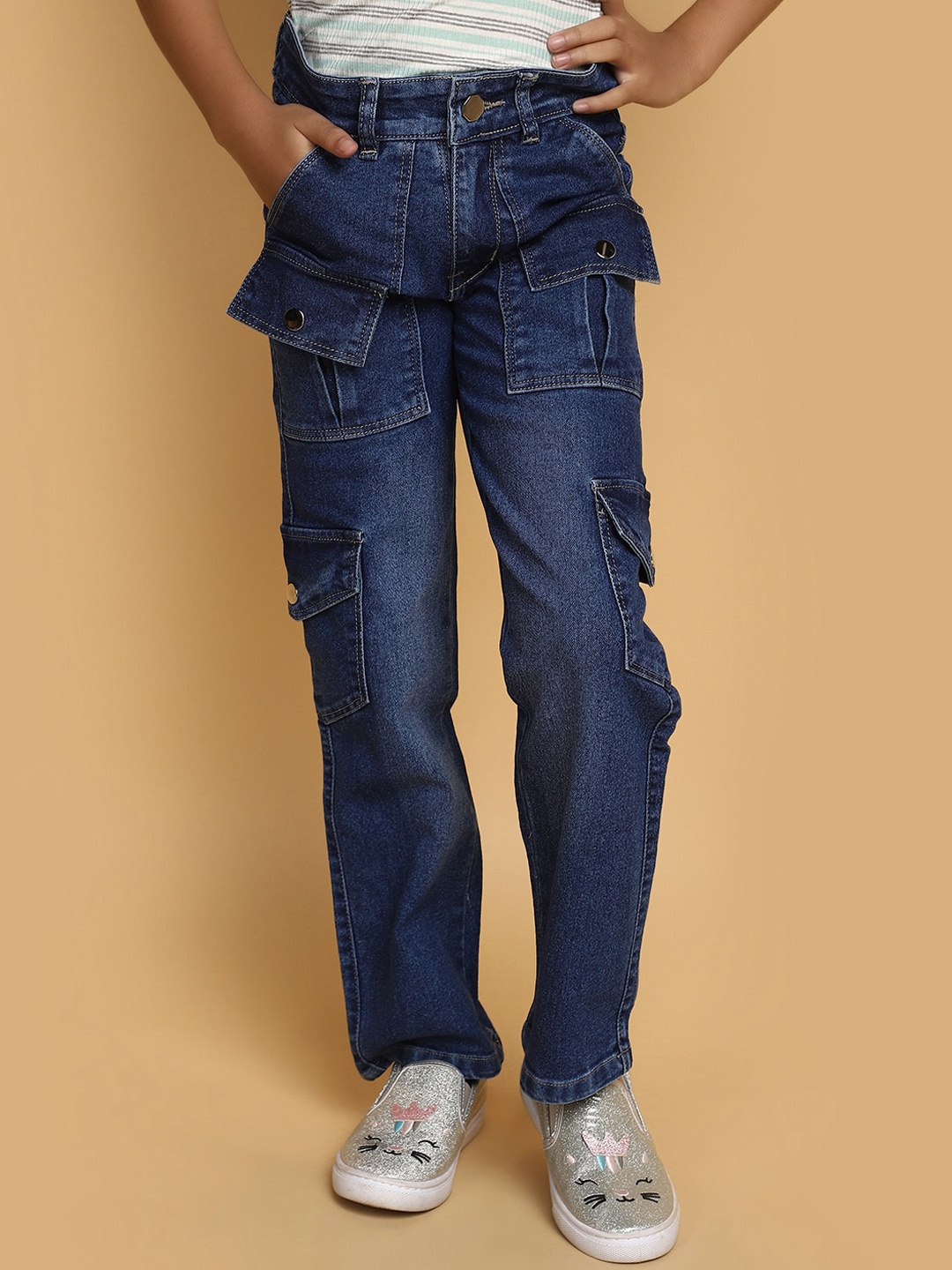 

V-Mart Girls Knitted Mid-Rise Clean Look Cargo Cotton Jeans, Blue