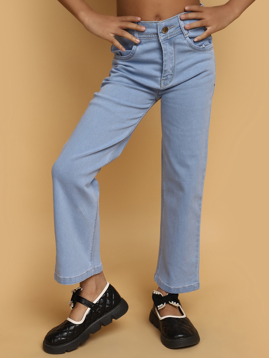 

V-Mart Girls Straight Fit Mid Rise Clean Look Cotton Jeans, Blue