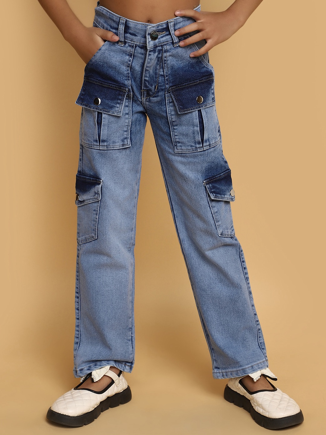 

V-Mart Girls Mid-Rise Heavy Fade Clean Look Cotton Jeans, Blue