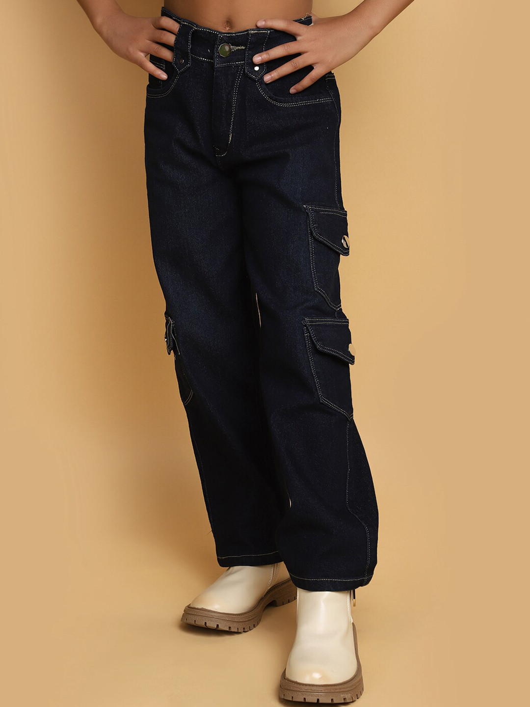 

V-Mart Girls Straight Fit Mid-Rise Cargo Jeans, Navy blue