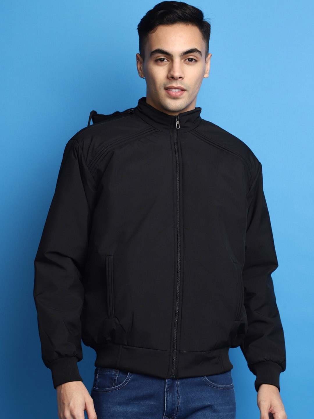 

V-Mart Hooded Lightweight Cotton Open Front Jacket, Black