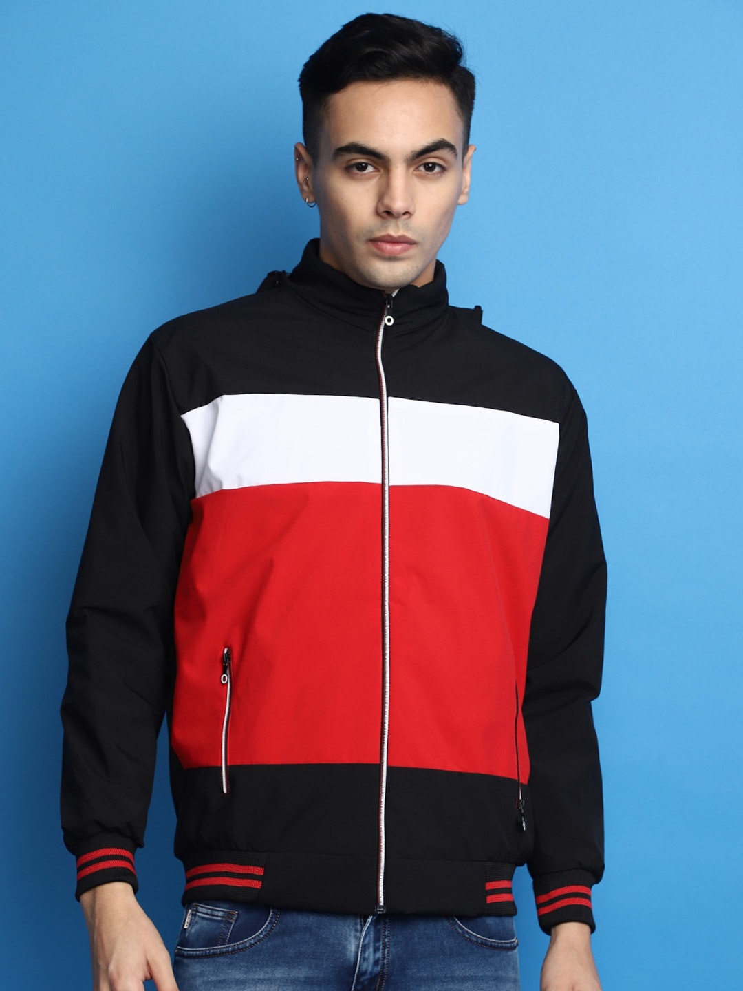 

V-Mart Colourblocked Stand Collar Lightweight Cotton Bomber Jacket, Red