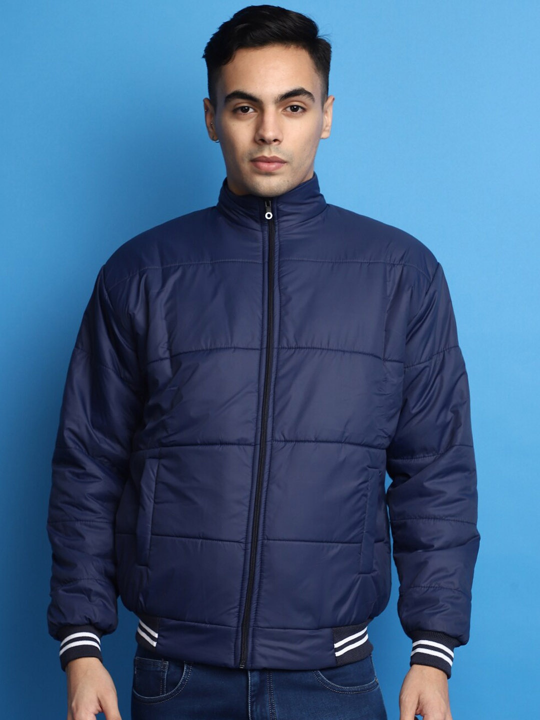 

V-Mart Mock Collar Long Sleeves Bomber Jacket, Blue