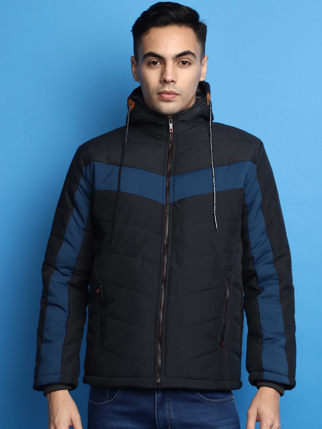 

V-Mart Striped Mock Collar Lightweight Padded Jacket, Black