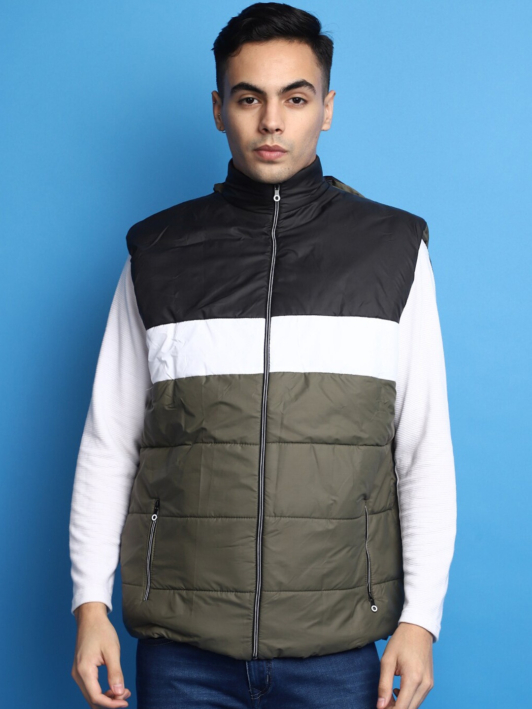 

V-Mart Colourblocked Mock Collar Lightweight Padded Jacket, Green