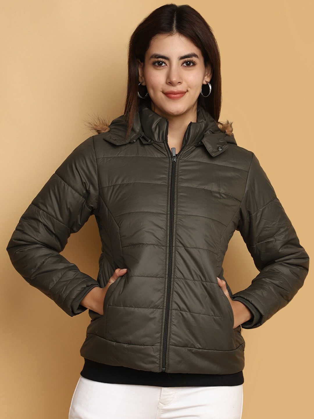

V-Mart Hooded Faux Fur Trim Detail Lightweight Parka Jacket, Green