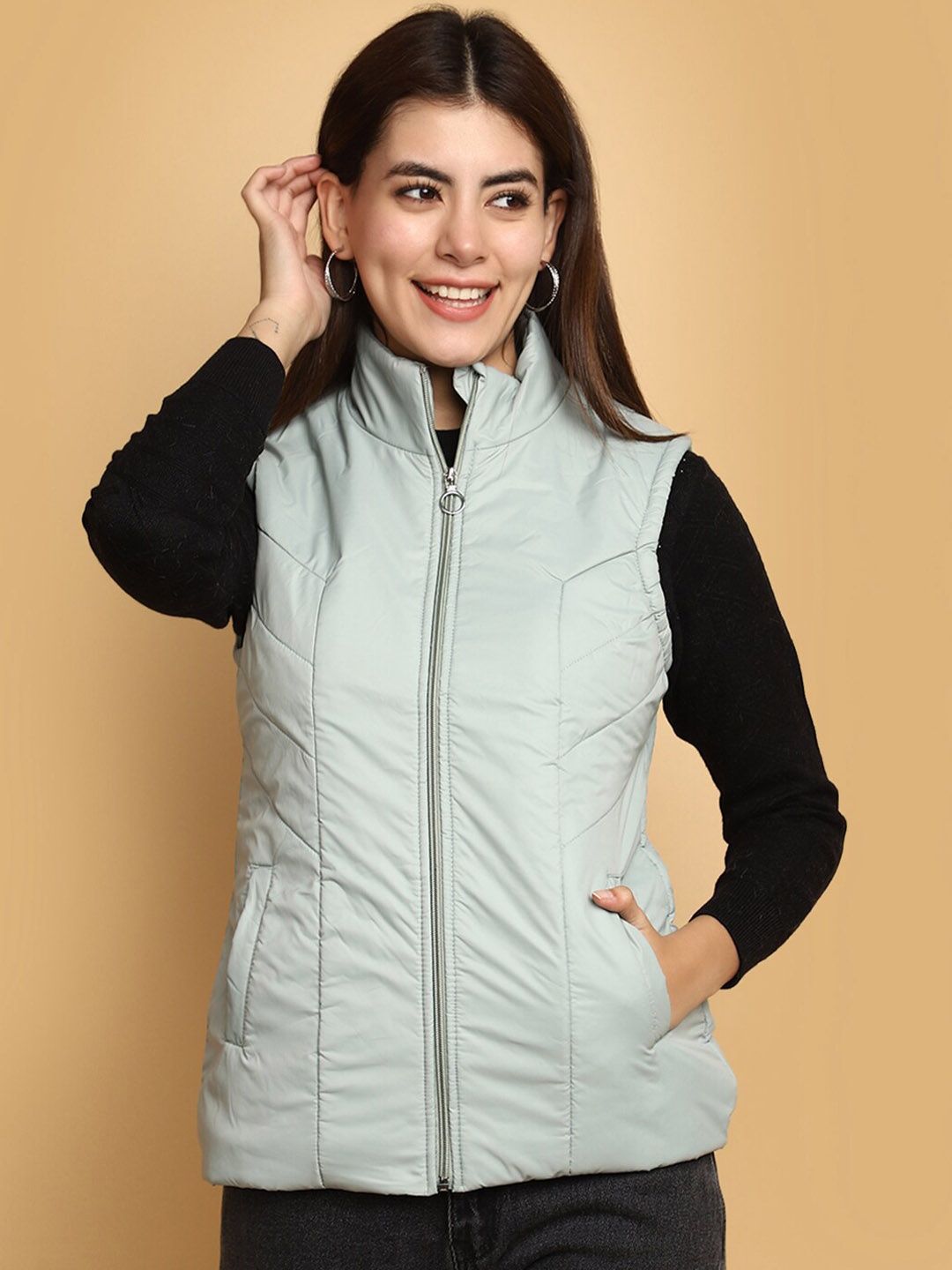 

V-Mart Mock Collar Lightweight Cotton Padded Jacket, Green