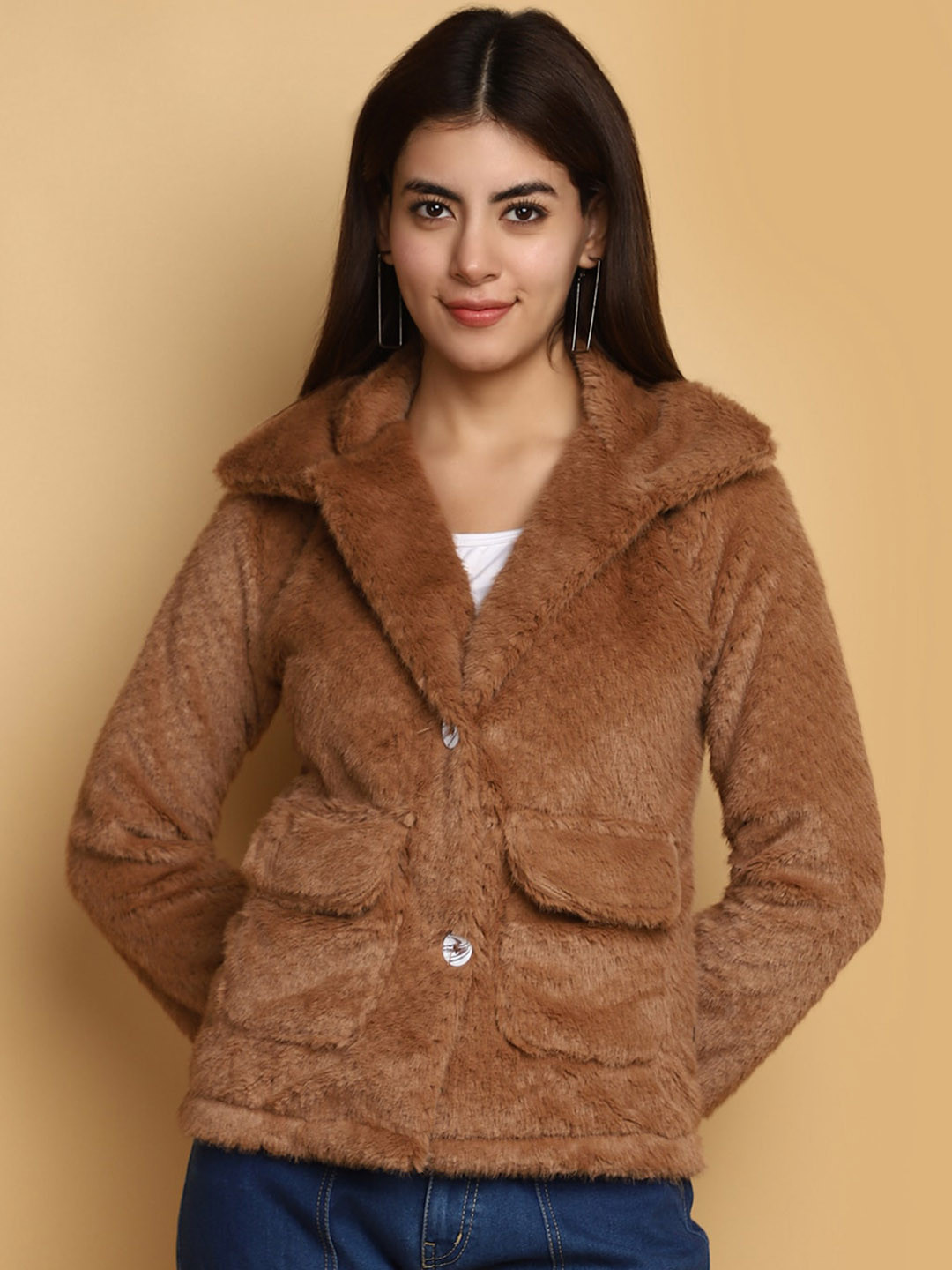

V-Mart Lightweight Cotton Faux Fur Trim Bomber Jacket, Brown
