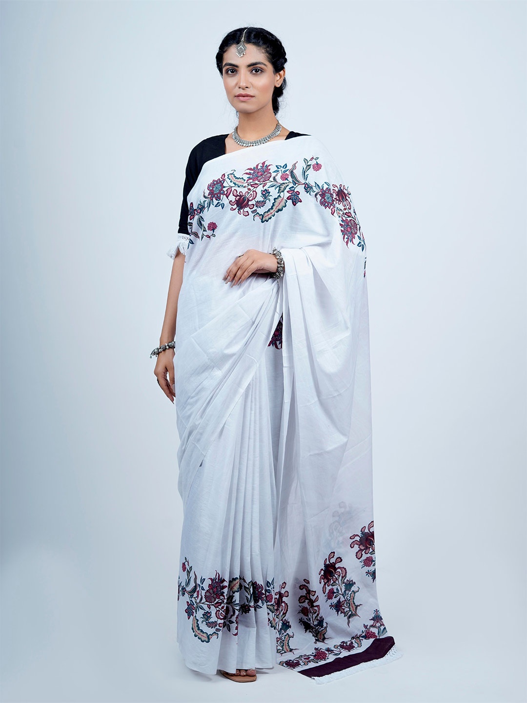 

BUTA BUTI Floral Printed Pure Cotton Saree, White