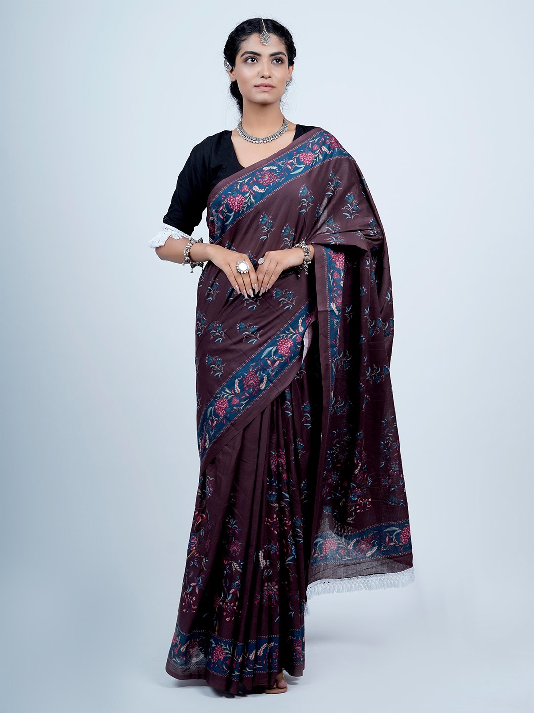 

BUTA BUTI Floral Printed Pure Cotton Saree, Brown