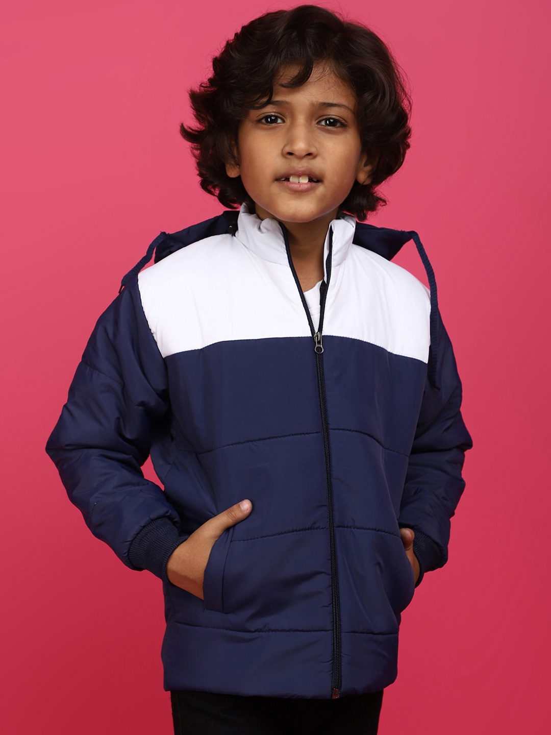 

V-Mart Boys Colourblocked Lightweight Hooded Cotton Padded Jacket, Blue