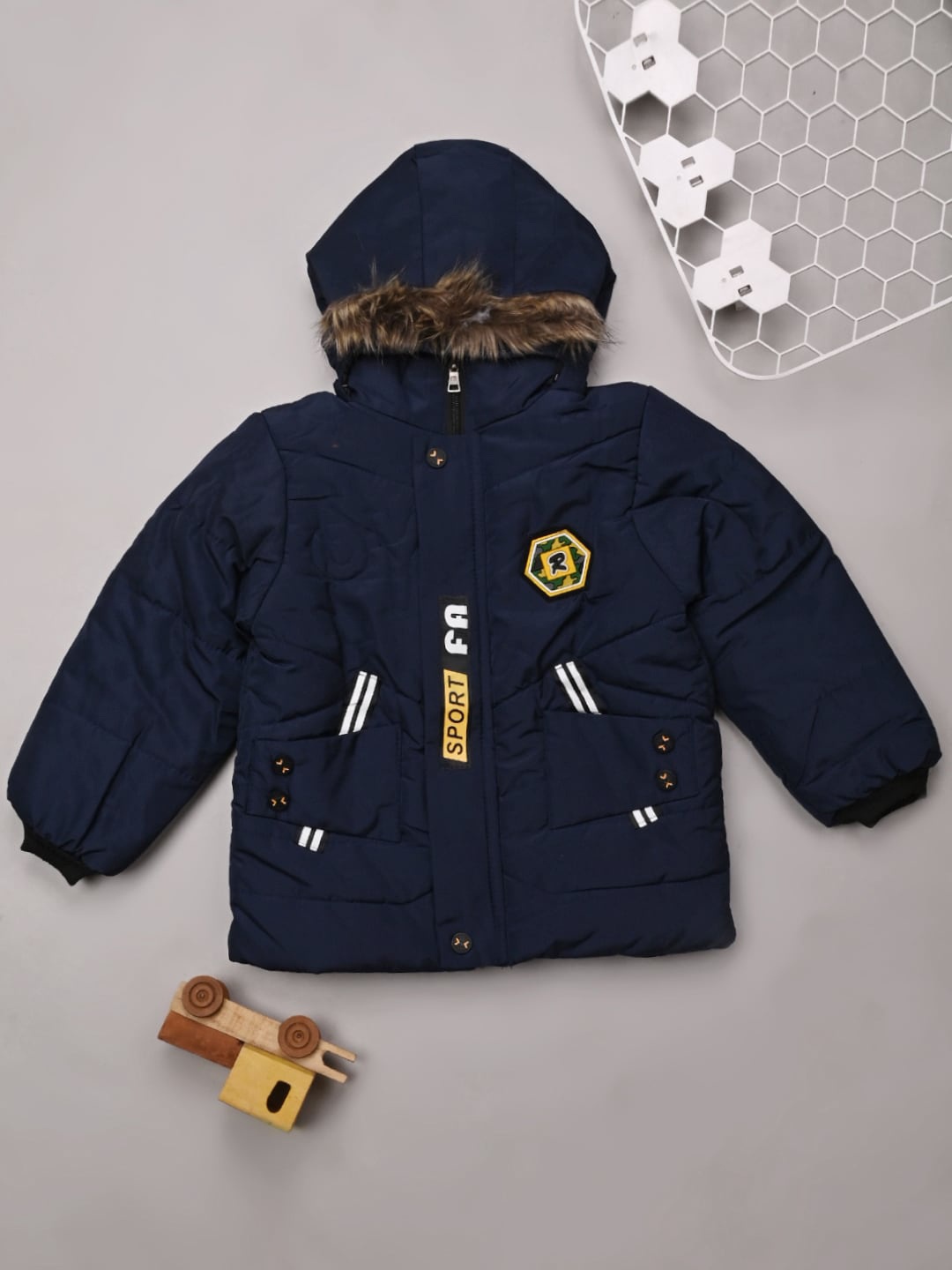 

V-Mart Boys Lightweight Faux Fur Trim Cotton Padded Jacket, Blue