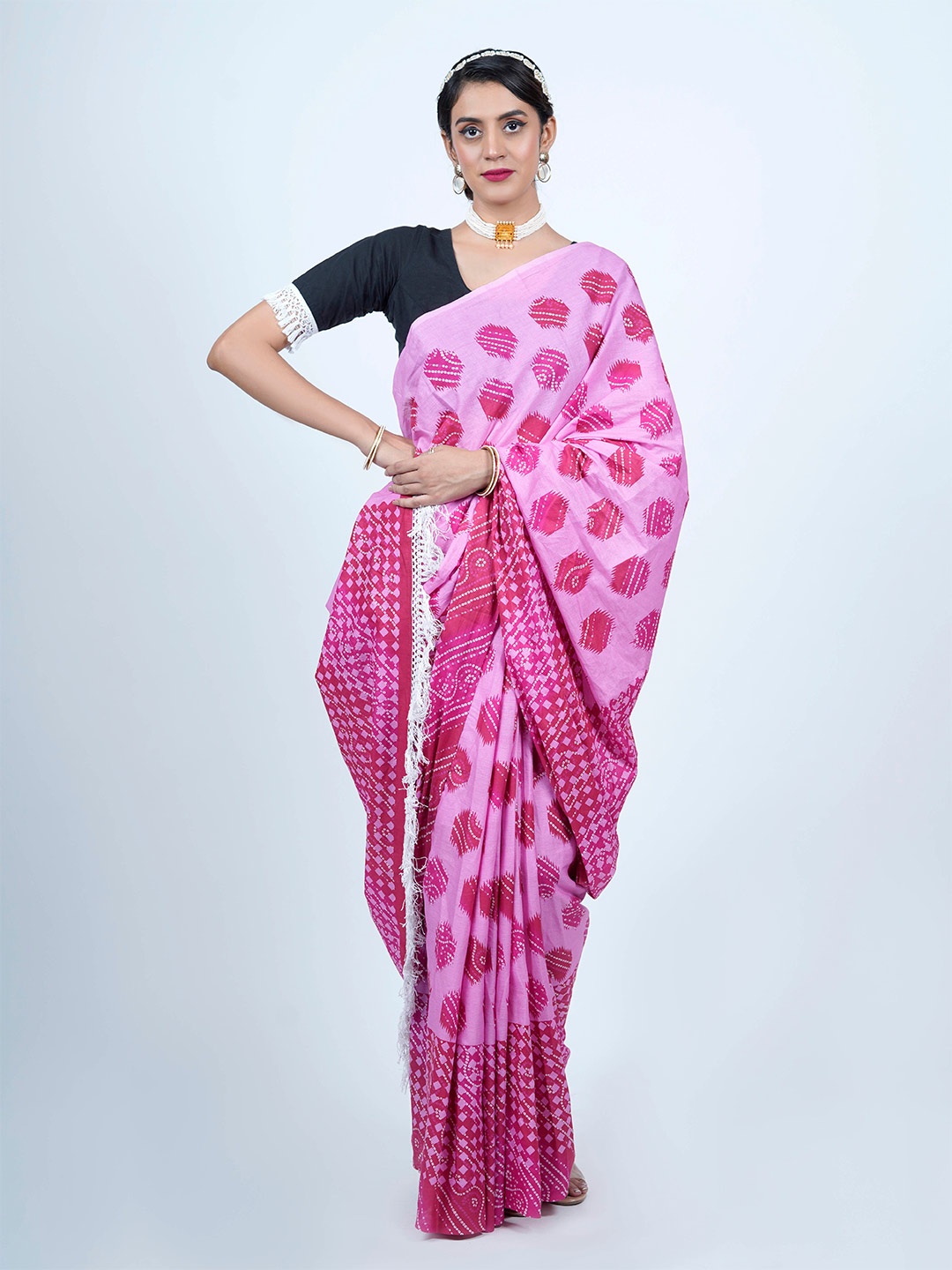 

BUTA BUTI Bandhani Printed Pure Cotton Saree, Pink